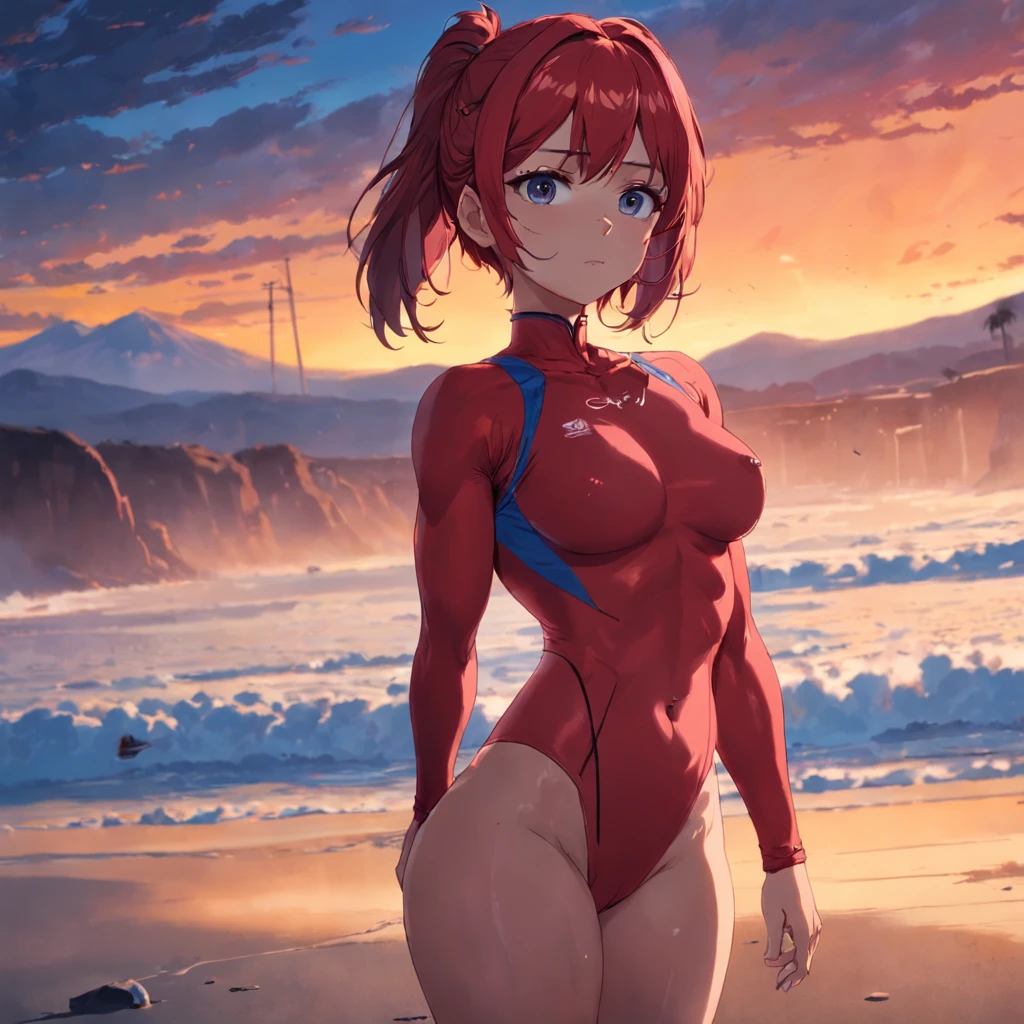 1 mujer, pelo rojo corto, con un dedo en la boca, ropa ajustada, busty, cuerpo definido, atletica, chile, colores de chile, cielo rojizo, atardecer, paisaje hermoso, alta calidad, 4k, hd, particulas rojizas, nsfw, nude