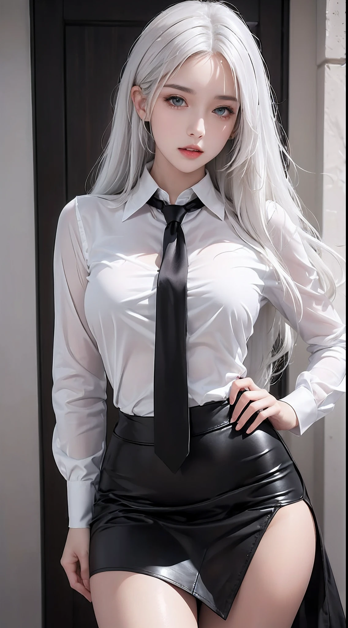 Photorealistic, high resolution, 1 woman, Hips up, Beautiful eyes, White hair, Long hair, ringed eyes, Collared shirt, black necktie,Black skirt, pencil skirts