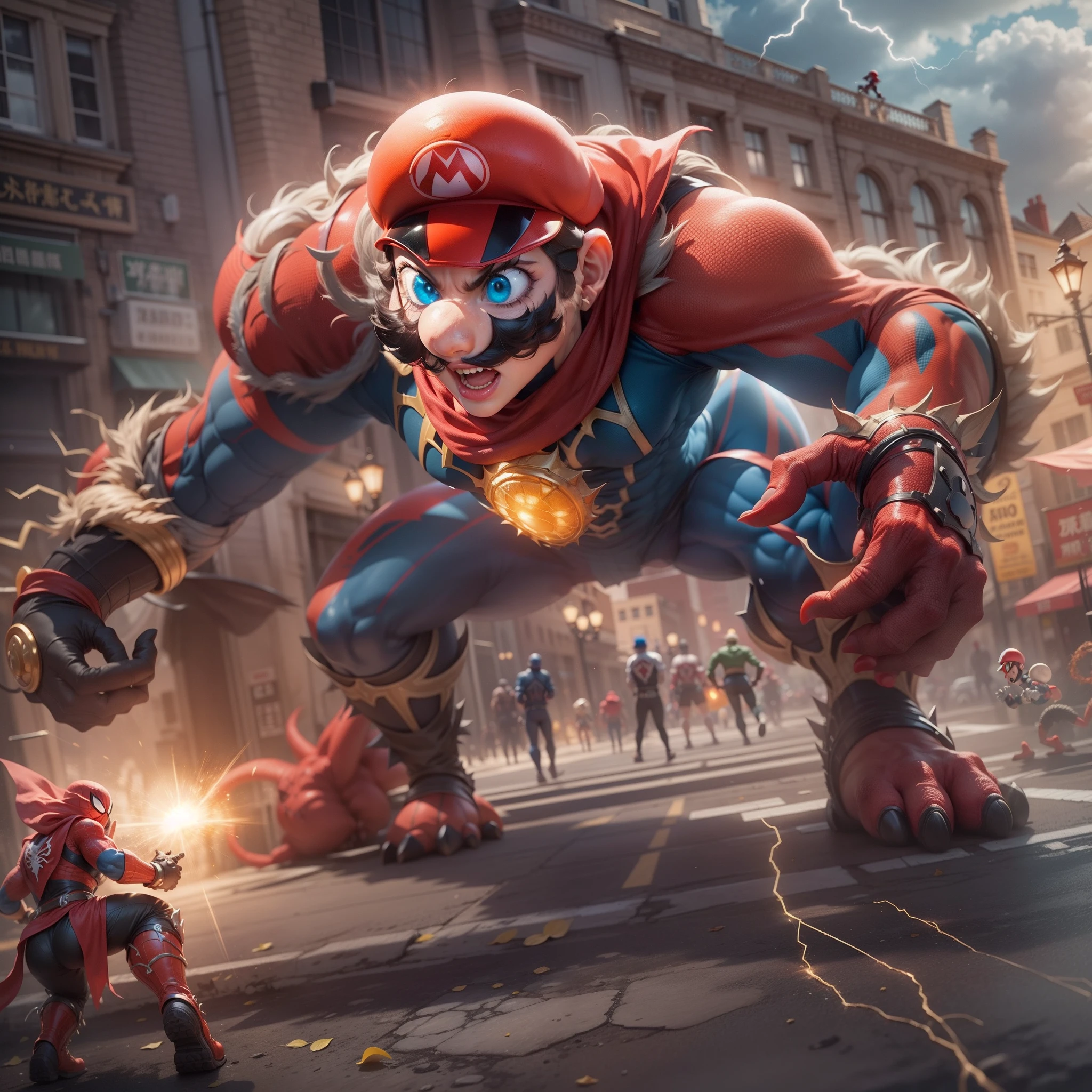 A giant Mario rampaging in the real world、Giant Monsters、spider woman、In the street、llight rays、100,000 volts、Mario VS spider woman、high-level image quality、hiquality、realistic、