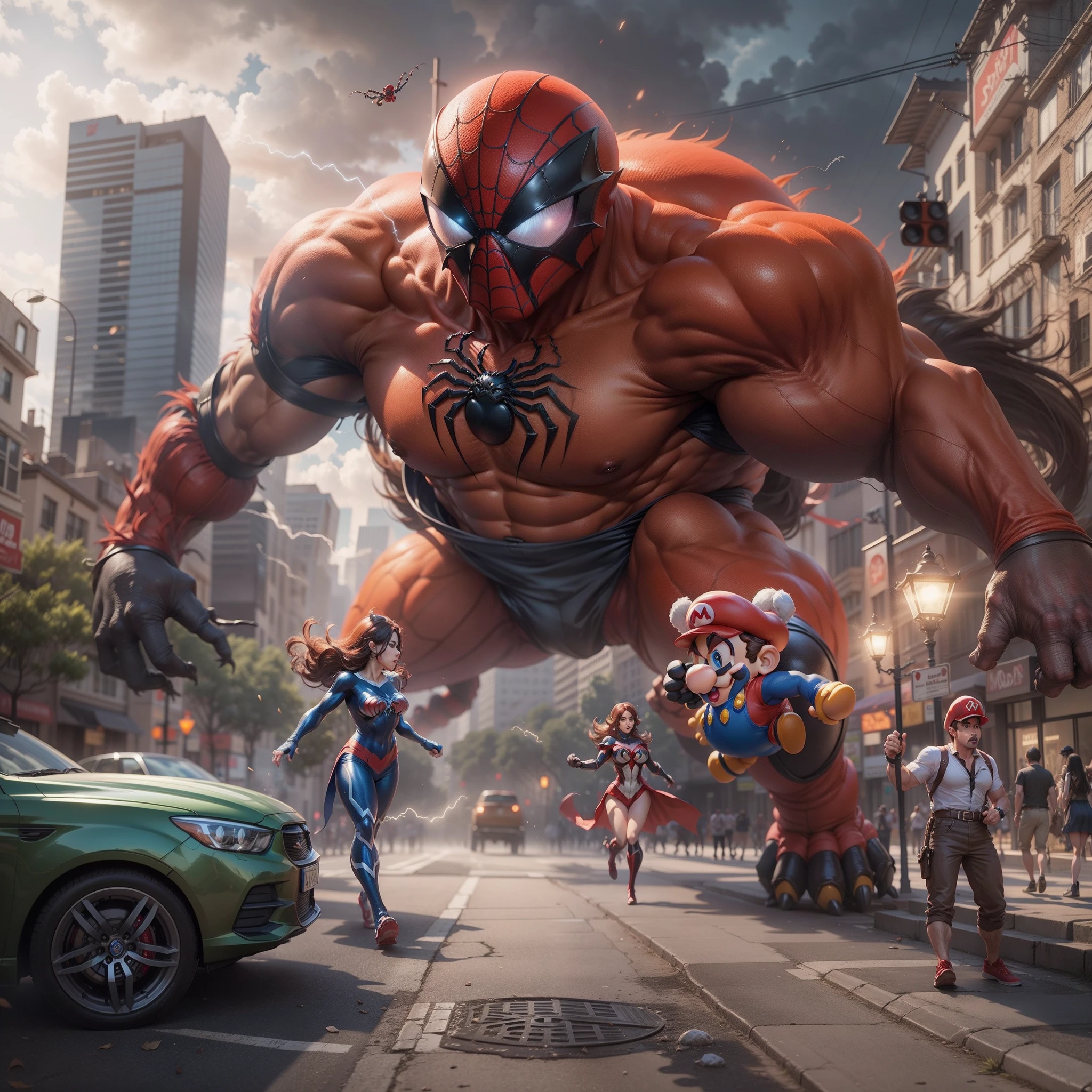 A giant Mario rampaging in the real world、Giant Monsters、spider woman、In the street、llight rays、100,000 volts、Mario VS spider woman、high-level image quality、hiquality、realistic、