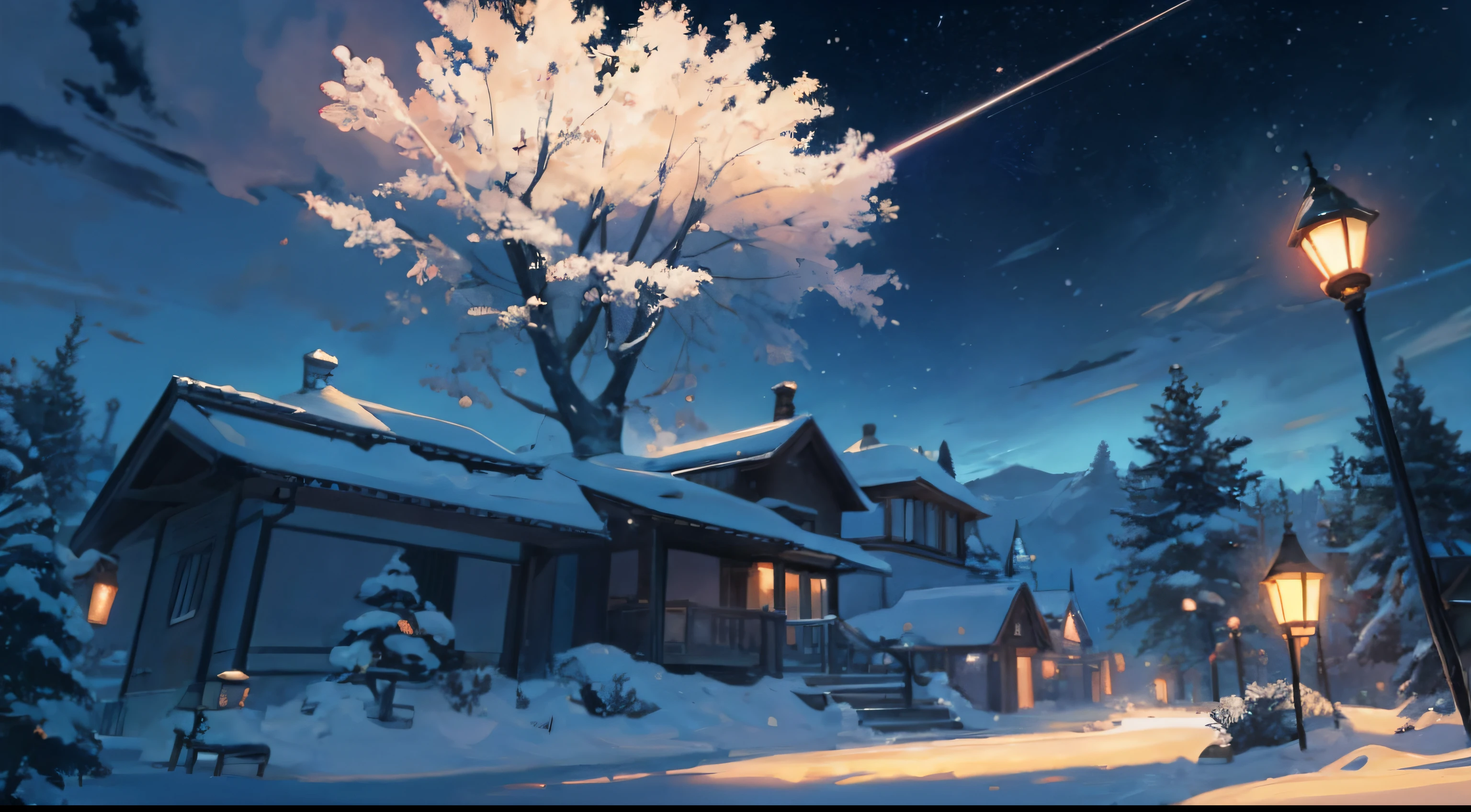 Expansive landscape photograph,(moon full:1.2),(meteors:0.9),(Starcloud:1.3),(Warm light source:1.2),(glowworm:1.2),lamp lights,Lots of purple and orange,Complicated details,Volumetriclighting,Realism BREAK(tmasterpiece:1.2),(best qualtiy),8K,Ultra-detailed,(dynamic compositions:1.4),The is very detailed,Colorful details,(Irridescent color:1.2),(luminouslighting,Atmospheric lighting),dream magical,magical,(独奏:1.2),((best qualtiy)), ((tmasterpiece)), (the detail:1.4),depth of fields,maximum definition and sharpness,perfectly proportions,Fluttering clouds,Wallpapers