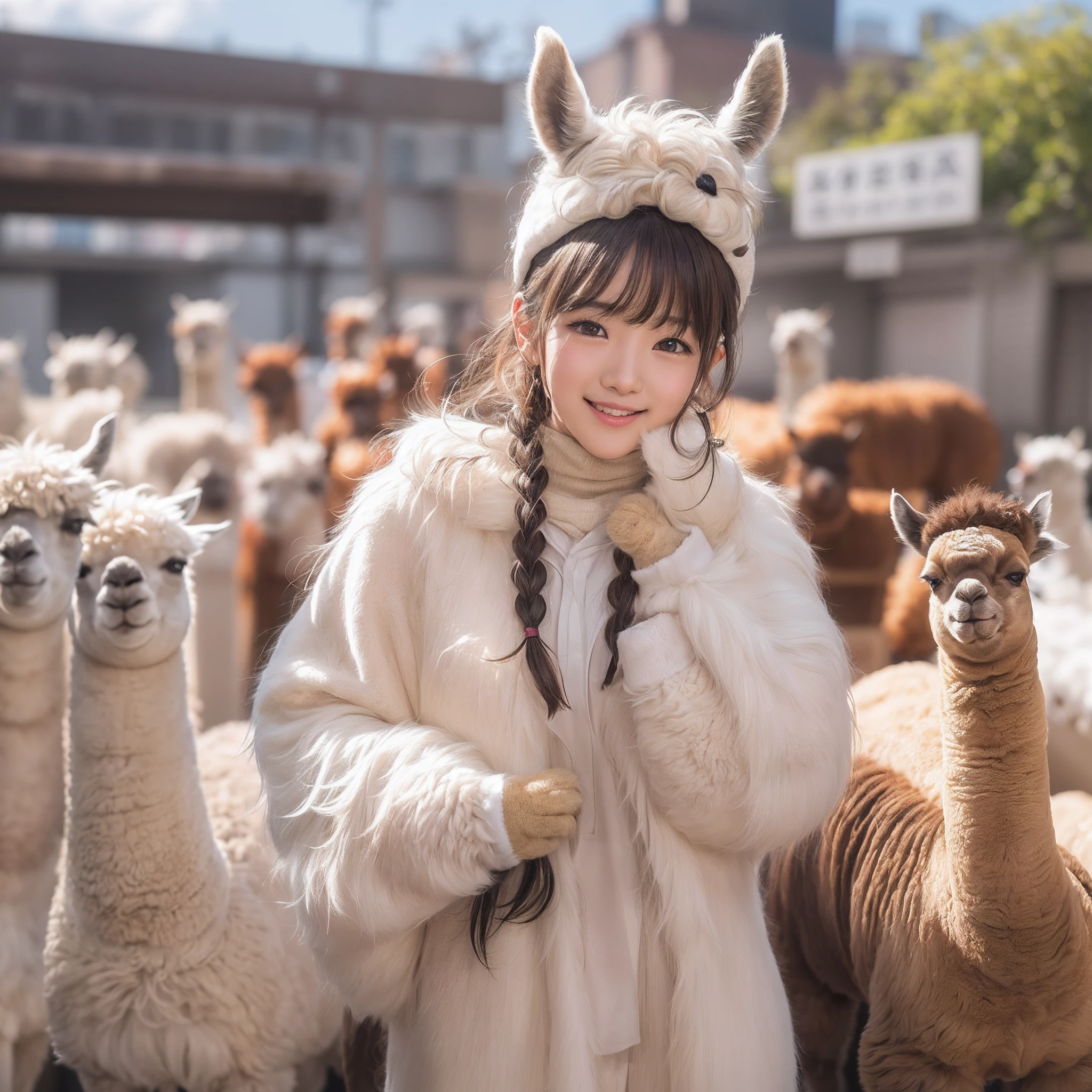 (8K、RAW Photos、top-quality、​masterpiece:1.5)、(realisitic、Photorealsitic:1.5)、ultra-detailliert、超A high resolution、lighting like a movie、(((Idols who love alpacas)))、(((Japan  girls)))、(((Wearing a cute costume with an alpaca motif)))、(Lots of alpacas:1.5)、cute smile face、Happy and energetic atmosphere、dynamic ungle、动态照明