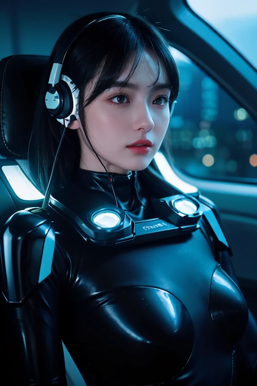 top-quality、master-piece、超High resolution、(real light:1.4)、RAW photo、1 girl、Black Hair、gleaming skin、1mechanical girl、((Super realistic detail))、portrait、Global Illumination、glossy、octanerender、10、Ultra Sharp、Colossal、Raw skin is revealed in cleavage..、Metal、Details of intricate jewelry、Headphone headset、Hydraulic cylinder、Gothloli Details、Realistic lighting、CGSoation trend、purple eyes、shining eyes、facing camera、neon details、mechanical limbs、blood vessels connected to tubes、mechanical vertebra attaching to back、mechanical cervial attaching to neck.、wires and cables connecting to head、Evangerion、cyberpunked、small LED lamp、central processing unit、lamp、perfect proportion、The background is the cockpit of a futuristic spacecraft..、