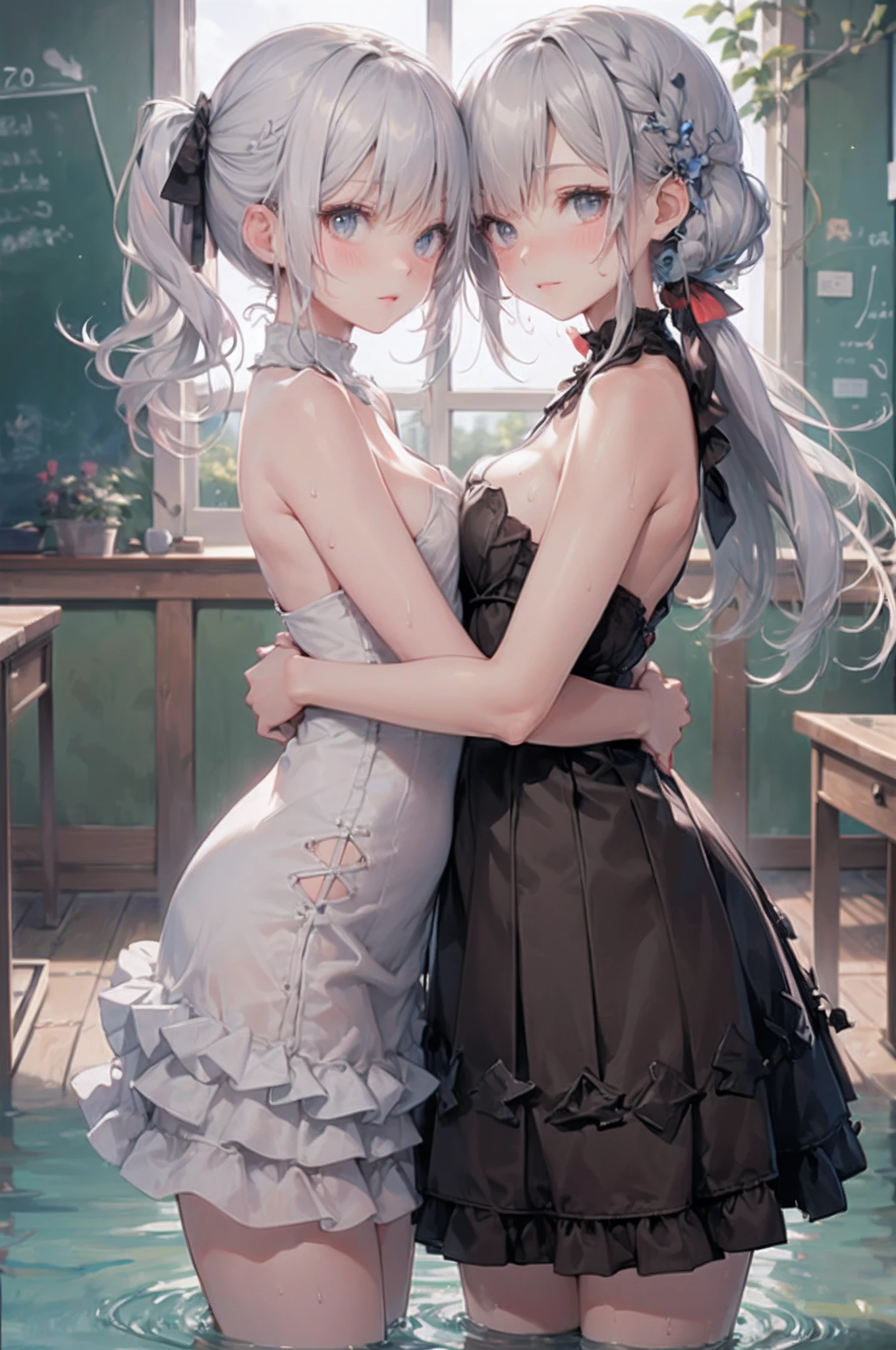 Anime, HD silver hair, Petite body, super cute face,detailed face, 8k uhd quality, 7yo girl, Full frame, beautiful body, hi-res blue pupil,classroom background , Full body view, perky breasts, twin sisters, 2girls, nude,upper body naked, multiple girls hugging, soaking wet cross criss white dress, long ponytail