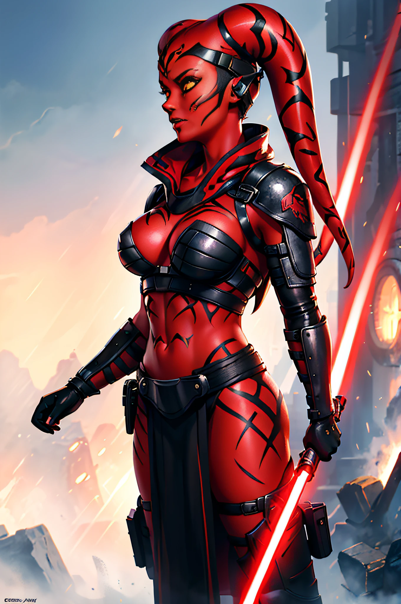 (Masterpiece), Bright Background, (Best Quality), (1 Girl), ((Red Skin: 1.8)), ((Yellow Eyes: 1.5)), (Detailed Face), Full Body, Detailed Portrait, Twi'lek, Darth Talon, sexy, full tribal, cute, with red lightsaber, (wears black robe), black stealth armor, breastplate, tunic, tabard, cowl, cloak, body gloves, straps, buckles, skirt, long sleeves, Greg Rutkowski, Art Station, fantasy, realistic style