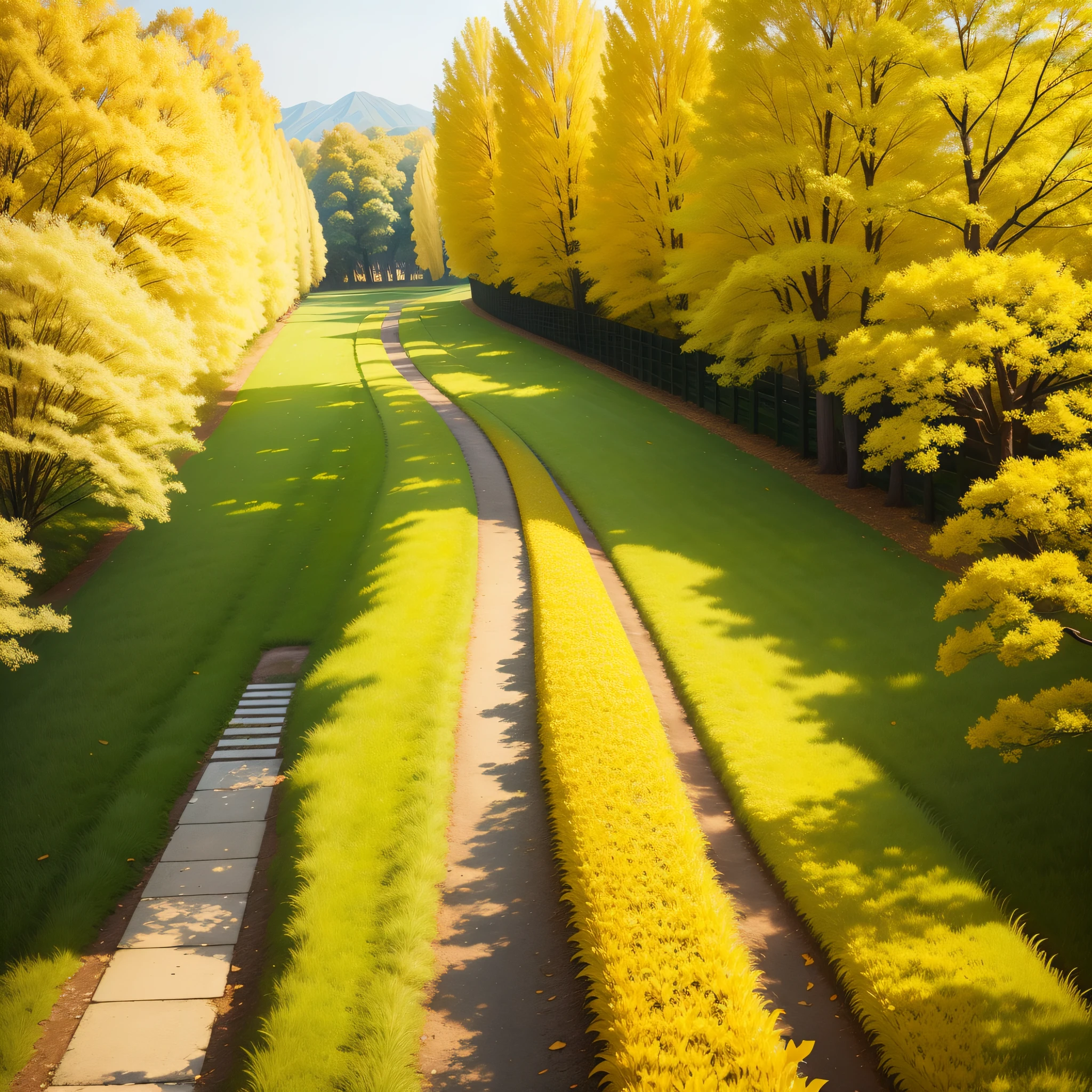 The path is paved with yellow ginkgo biloba，It's soft to walk。The green grass is also covered with yellow leaves