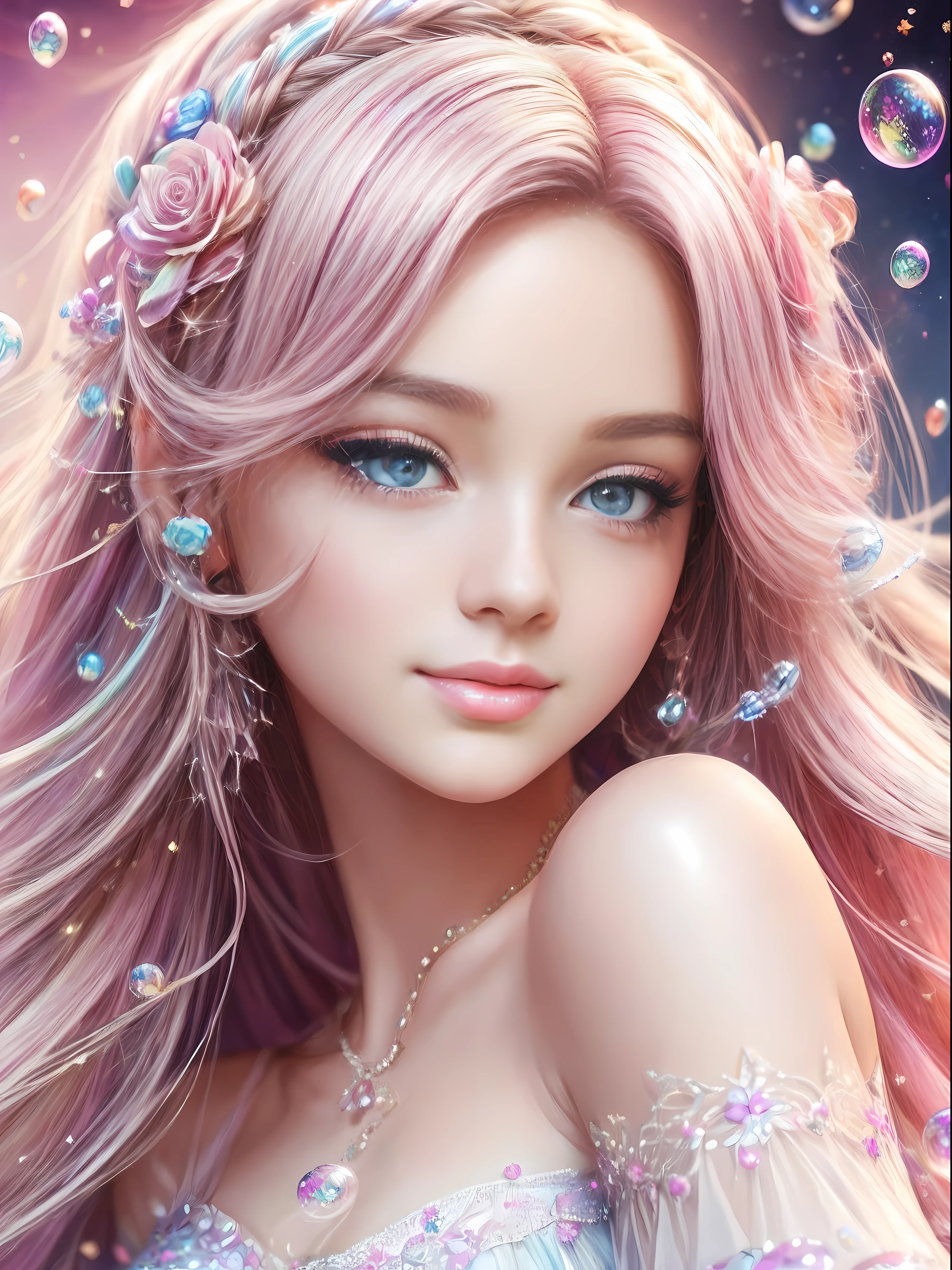 ((Masterpiece)). This artwork is sweet, Dreamy and ethereal, （Barbie pink background：1.5），barbiecore，A princess，cabellos largos dorados，Kizi，Delicate face, Soft pink watercolor toned candy accent，(Bubblegum world with a variety of pastel shades). Her sweet face is extremely detailed and realistic，Elegant facial features，Sweet, Highly realistic eyes，Sweet smile，Highly detailed, And beautiful. HD and detail, Contains a lot of detail，Colorful bubbles, Colorful petals, Stars and colorful bubble gum bubbles，fantastic details, Enhanced detail, rainbowing, Colorful sparkling wind，Beautiful and realistic details，The images are dreamy and ethereal.8K, Intricate, elegant, Highly detailed, Majestic, Digital photography