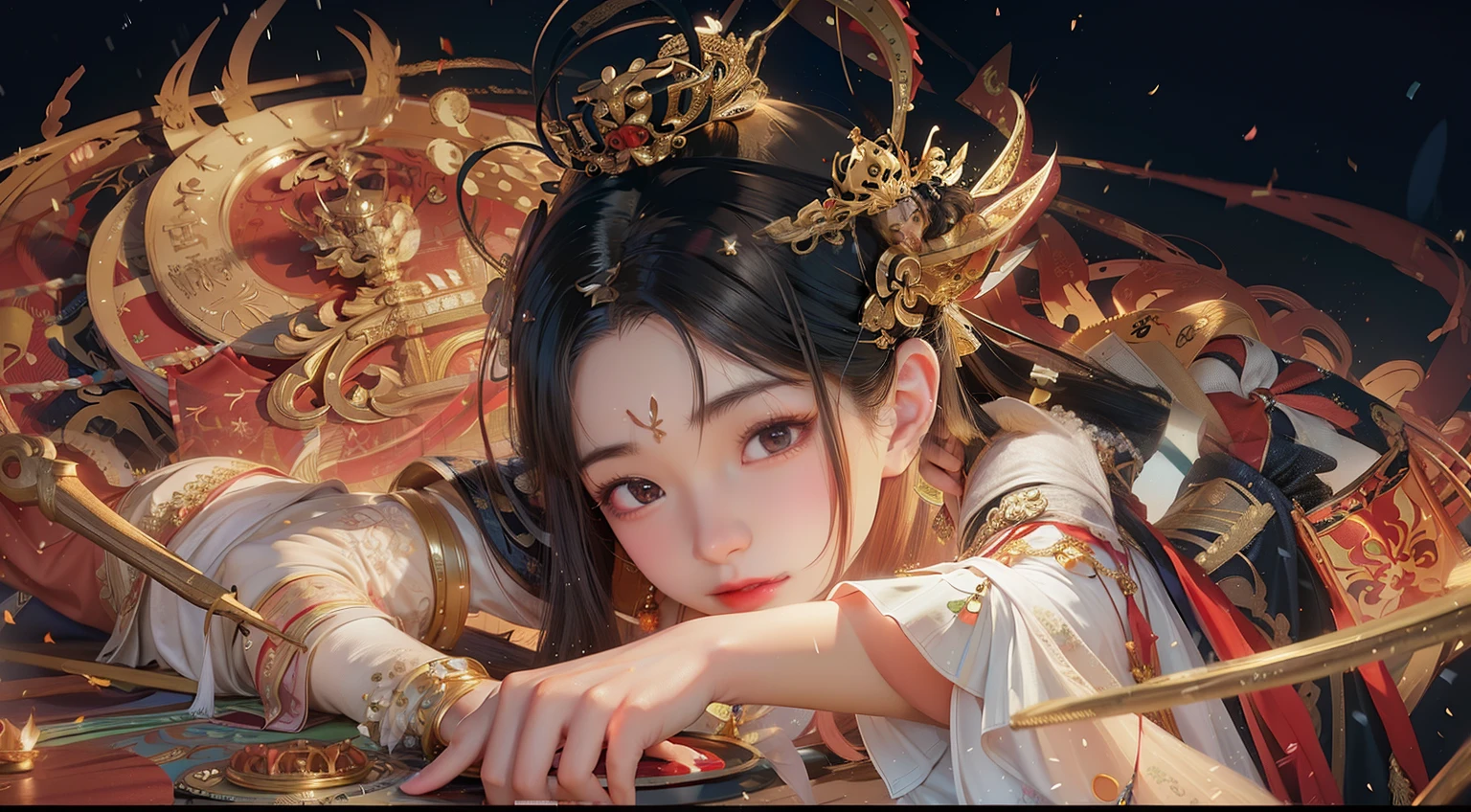 Anime girl with bow and crown on her head, Palace , A girl in Hanfu, Guviz-style artwork, Guviz, a beautiful fantasy empress, by Yang J, trending on cgstation, guweiz masterpiece, Guweiz in Pixiv ArtStation, Beautiful character painting, Guweiz on ArtStation Pixiv