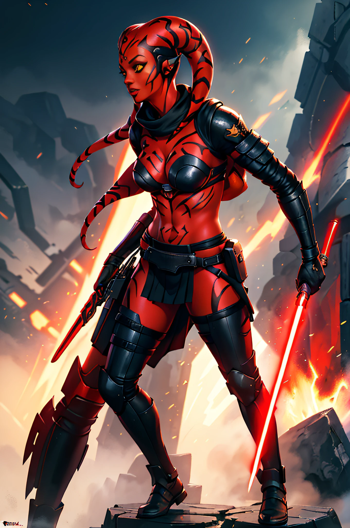 (Masterpiece), Bright Background, (Best Quality), (1 Girl), ((Red Skin: 1.8)), ((Yellow Eyes: 1.5)), (Detailed Face), Full Body, Detailed Portrait, Twi'lek, Darth Talon, sexy, full tribal, cute, with red lightsaber, (wears black robe), black stealth armor, breastplate, tunic, tabard, cowl, cloak, body gloves, straps, buckles, skirt, long sleeves, Greg Rutkowski, Art Station, fantasy, realistic style
