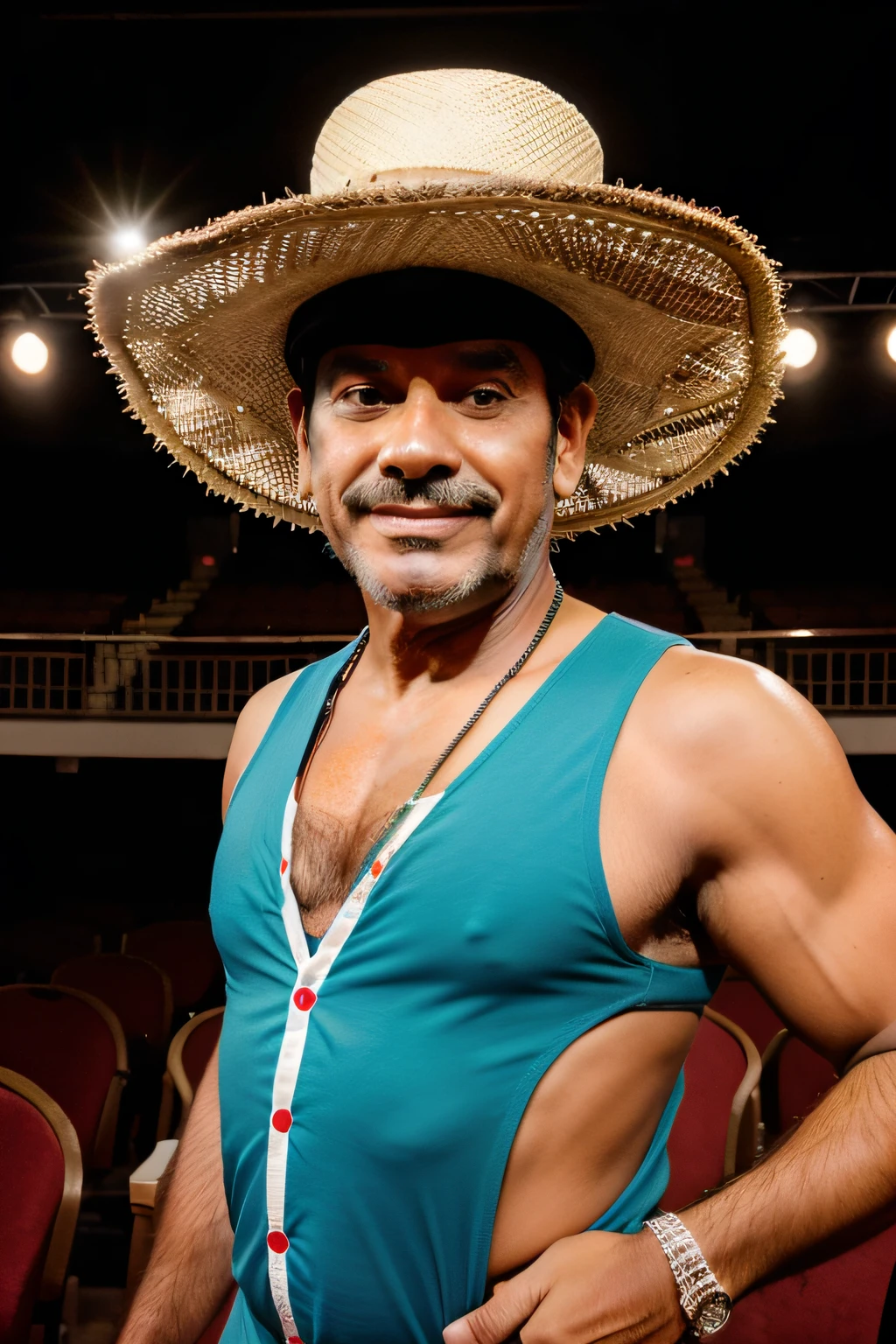 Um homem com aparencia de 40 anos de idade, wearing a large mexican hat,In the background we have a musical presentation, teatro. humorous, The photo shows a comedy and fun