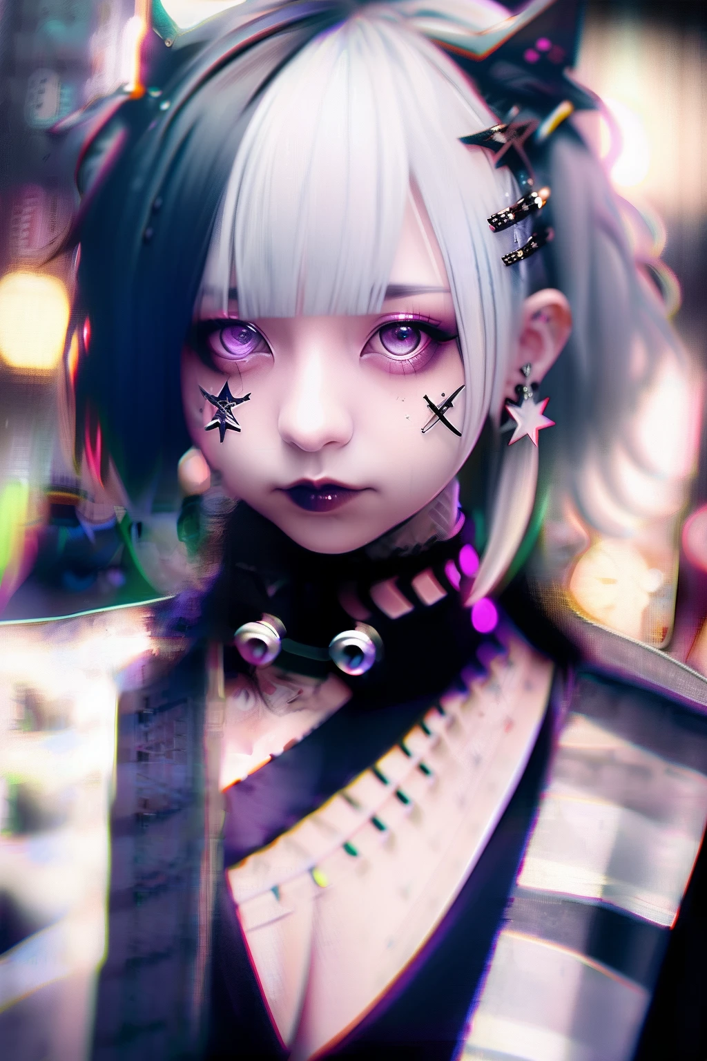 goth_punk, 1girl, solo, medium shot, walking in harajuku, ((night time)), bokeh, neon light, iridescent eyes, starry sky, white shimmer hair, white eyebrow, glowing hair, (iridescent white hair), earrings, bangs, jewelry, mask, blunt bangs, green eyes, mouth mask, blurry background, blurry, hair ornament, looking at viewer, short hair, portrait, sidelocks