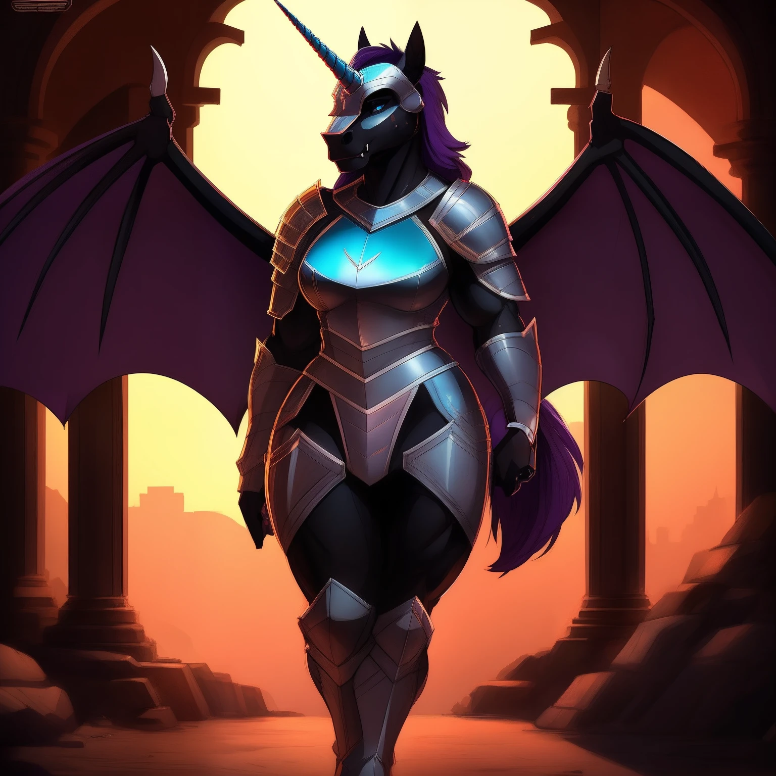 muscular_mature_horse female faded_dark_purple_mane ponytail black_furry_body teal_eyes cat_eyes solo Masterpiece best_quality absurdres highly_detailed cleanly_drawn_eyes heavy_plate_armor fangs bat_wings heavy_helmet purple_eyeshadow long_black_unicorn_horn horse_snout anthro_only seductive_gaze sultry by_claweddrip by_greasymojo by_underscore-b by_runawaystride