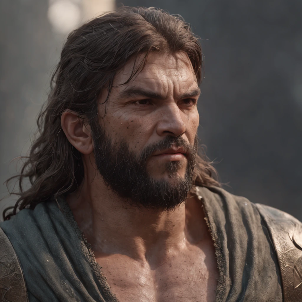 (Professional 3D rendering:1.3) de (Realistic:1.3) Foto de arte mais bonita do mundo,Features soft, bright male heroes, ((Epic hero fantasy rough muscular man wet hero angry look long hair short beard and fierce expression in dynamic pose, fantastic location, majestoso ambiente desordenado)), corpo inteiro 8k unidade render, action shot, poros da pele, very dark lighting, sombreamento pesado, circunstanciado, Rosto detalhado, (vibrante, fotogrdeia realista, Realistic, Dramatic, Escuro, foco nítido, 8k), (Old leather clothes damaged by bad weather:1.4), ((((Use peles)))), (intrincado:1.4), decadente, (altamente detalhado:1.4), pintura digital, rendering by octane, art stations, Conceito-Arte, liso, foco nítido, illustration, germe da arte, (Loish:0.23), Wlop Ilya Kuvshinov, e Greg Rutkowski e Alphonse Mucha Gracias, (global ilumination, studiolight, Light Volumetric), chuva forte, floating particles, patife, fantasia, Onze, corpo inteiroesbian, ((Fundo escuro e antigo da cidade:1.3)),CGSesociedade,art stations