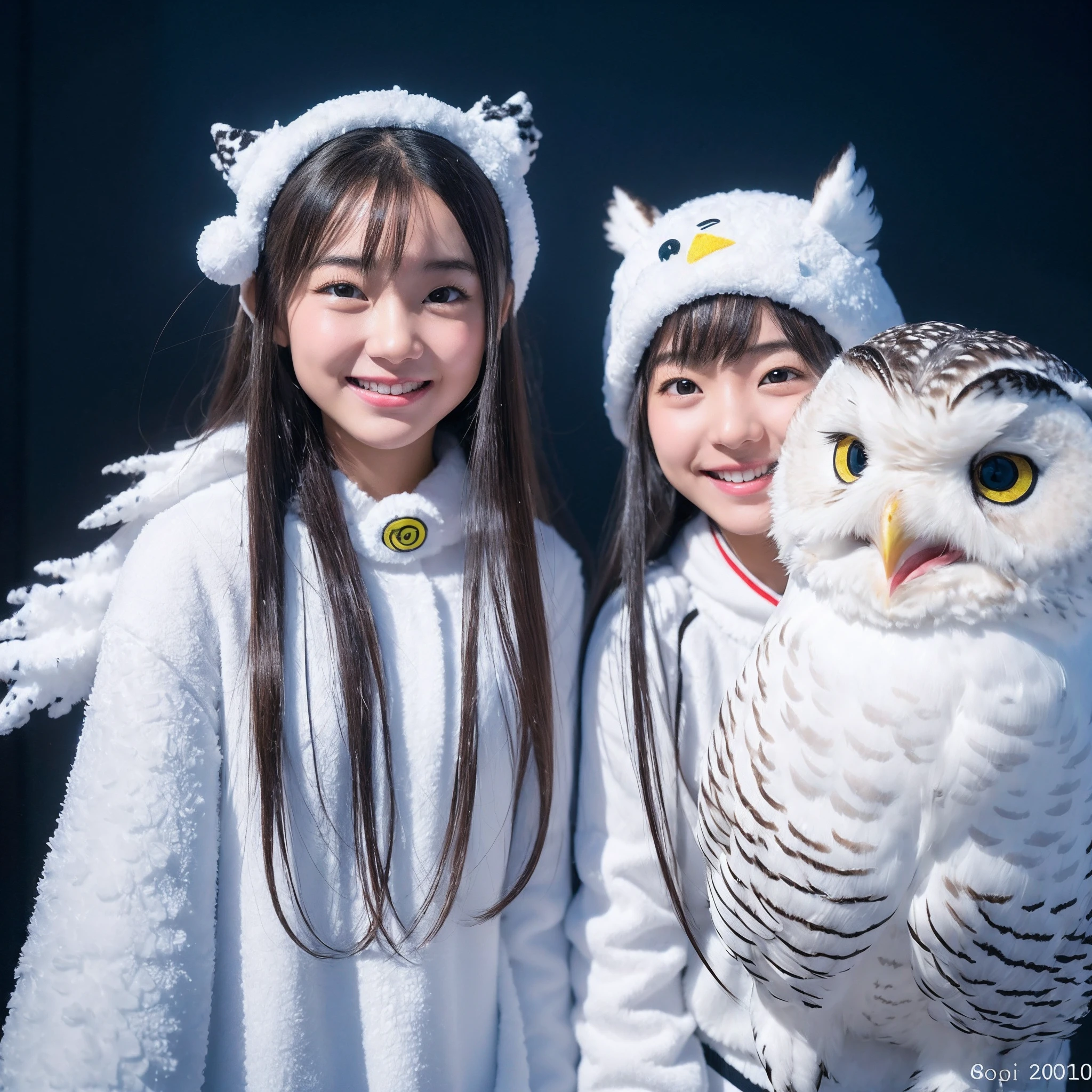 (8K、RAW Photos、top-quality、masterpiece:1.5)、(realisitic、Photorealsitic:1.5)、ultra-detailliert、超A high resolution、lighting like a movie、(((Idols who love snowy owls)))、(((Japan 16 year old girls)))、(((Wearing a cute costume with a snowy owl motif)))、(A lot of snowy owls:1.5)、cute smile face、Happy and energetic atmosphere、dynamic ungle、动态照明