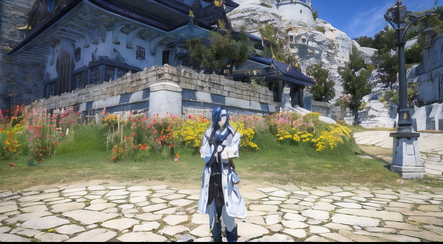 there is a woman standing in front of a building in a game, ffxiv heavensward, final fantasy 14 style, cotton cloud mage robes, ffxiv, dark blue and white robes, dressed like a cleric, final fantasy 1 4 screenshot, cloud mage robes, thancred waters in style of wlop, wearing mage robes, final fantasy xiv, thancred waters