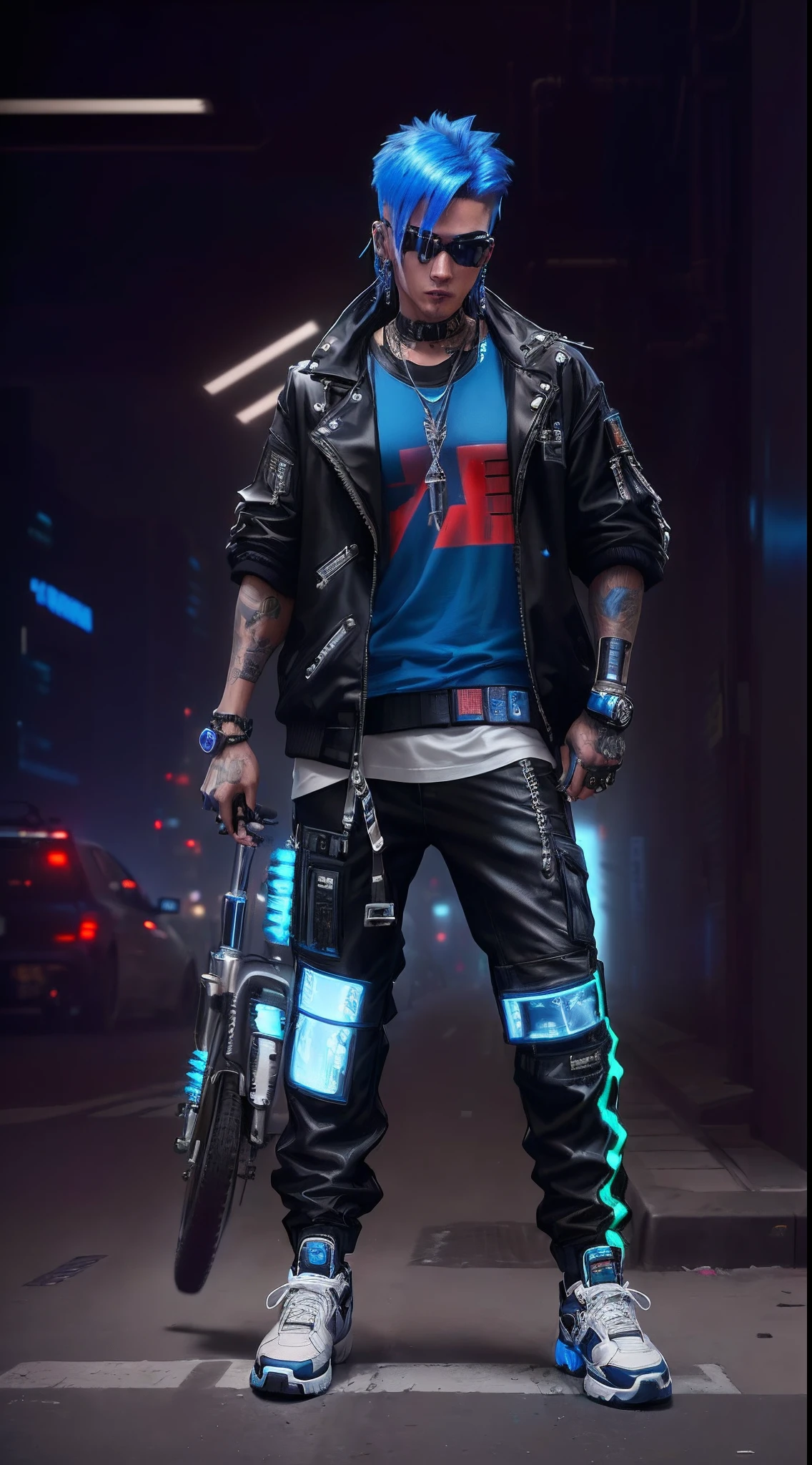 a close up of a person in a blue shirt and black pants, cyberpunk street goon, mechanic punk outfit, cyberpunk streetwear, cargo pants. cyberpunk city, chrome outfit, cyber punk setting, 8 k highly detailed ❤🔥 🔥 💀 🤖 🚀, cyberpunk outfit, lunar themed attire, cyberpunk style outfit, multilayered outfit, wearing cyberpunk streetwear, complex outfit