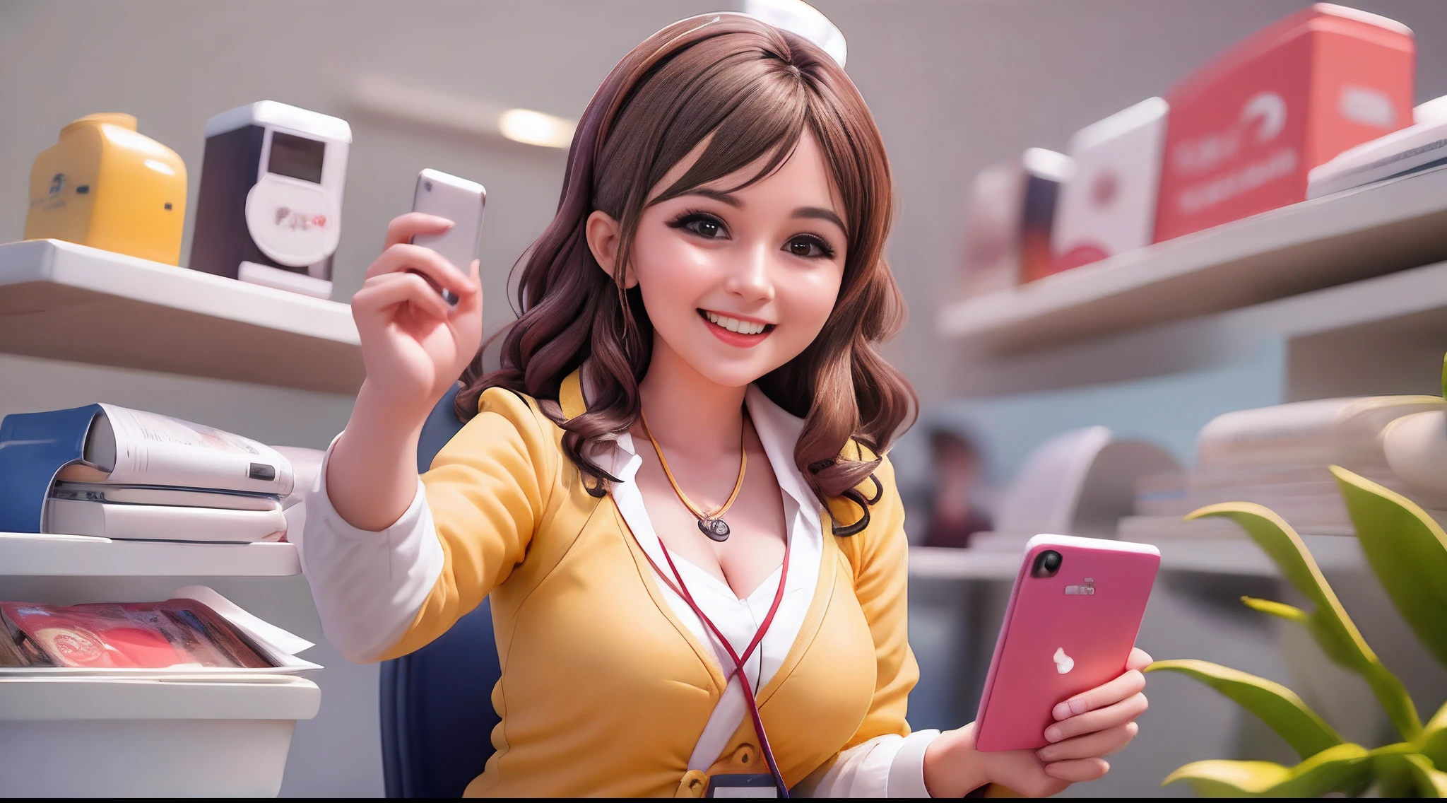 Cheerful beautiful journalist from Infórmate Plato Colombia a digital media outlet, del municipio de Plato Magdalena, It has to generate emotions and interaction and seriousness with a cell phone by writing