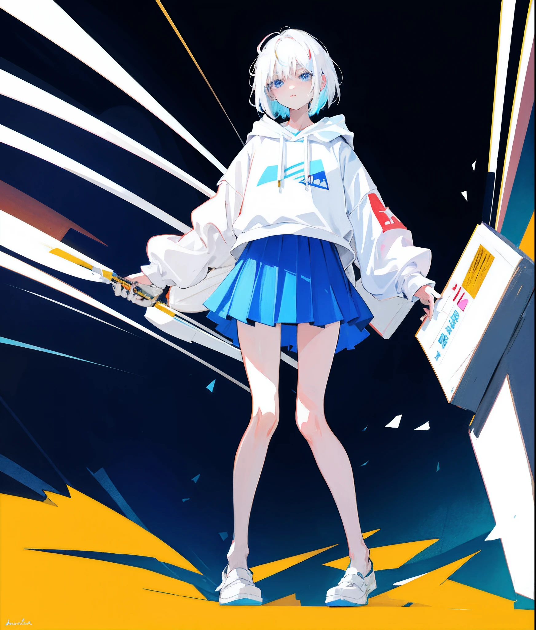 (Flat color:0.9),(Colorful:1.1),(Masterpiece:1,2), Best quality, Masterpiece, A high resolution, Original, extremelydetailedwallpaper, A Japanese girl,White hair,short detailed hair,Loose sweatshirt,short skirt,Look sideways ahead,Long, thin legs,White grandpa shoes,leg loops,Blue-blue eyes,Lazy and lazy,Exquisite clothes, a proud expression,Slightly fat legs