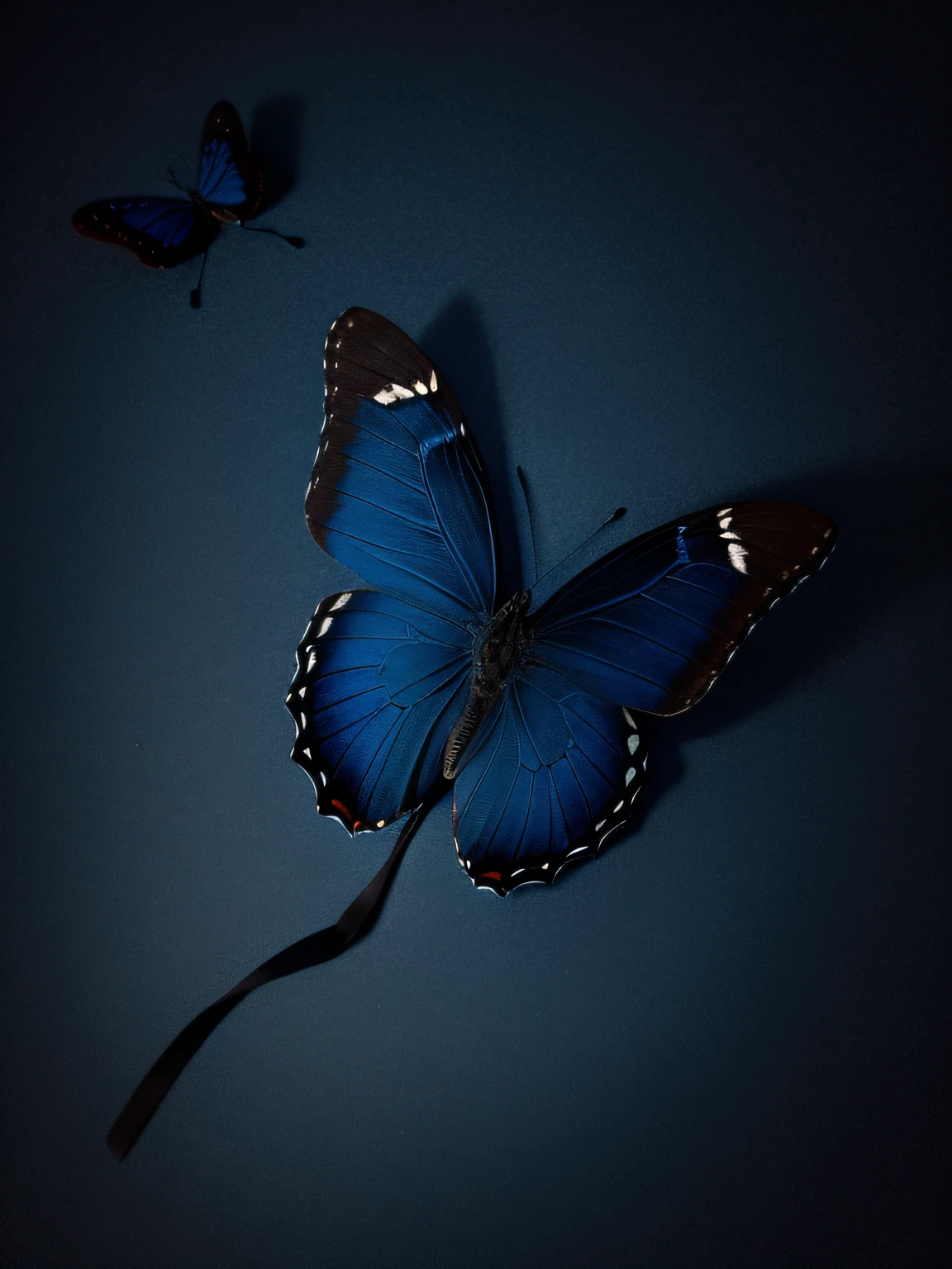 a dark blue butterfly injured, rendered in a photorealistic style with sharp edges and a lonely atmosphere