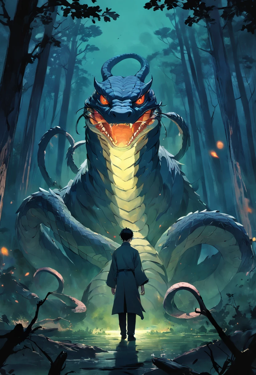 of a guy，Holding a snake in his hand，In the forest，Eerie light，Dark night，high high quality，fog atmosphere，(Chinese folk suspense supernatural comic book style),High detail, Sharp focus, Dramatic，The art of painting by Midway and Greg Rutkovsky, Bokeh on the background