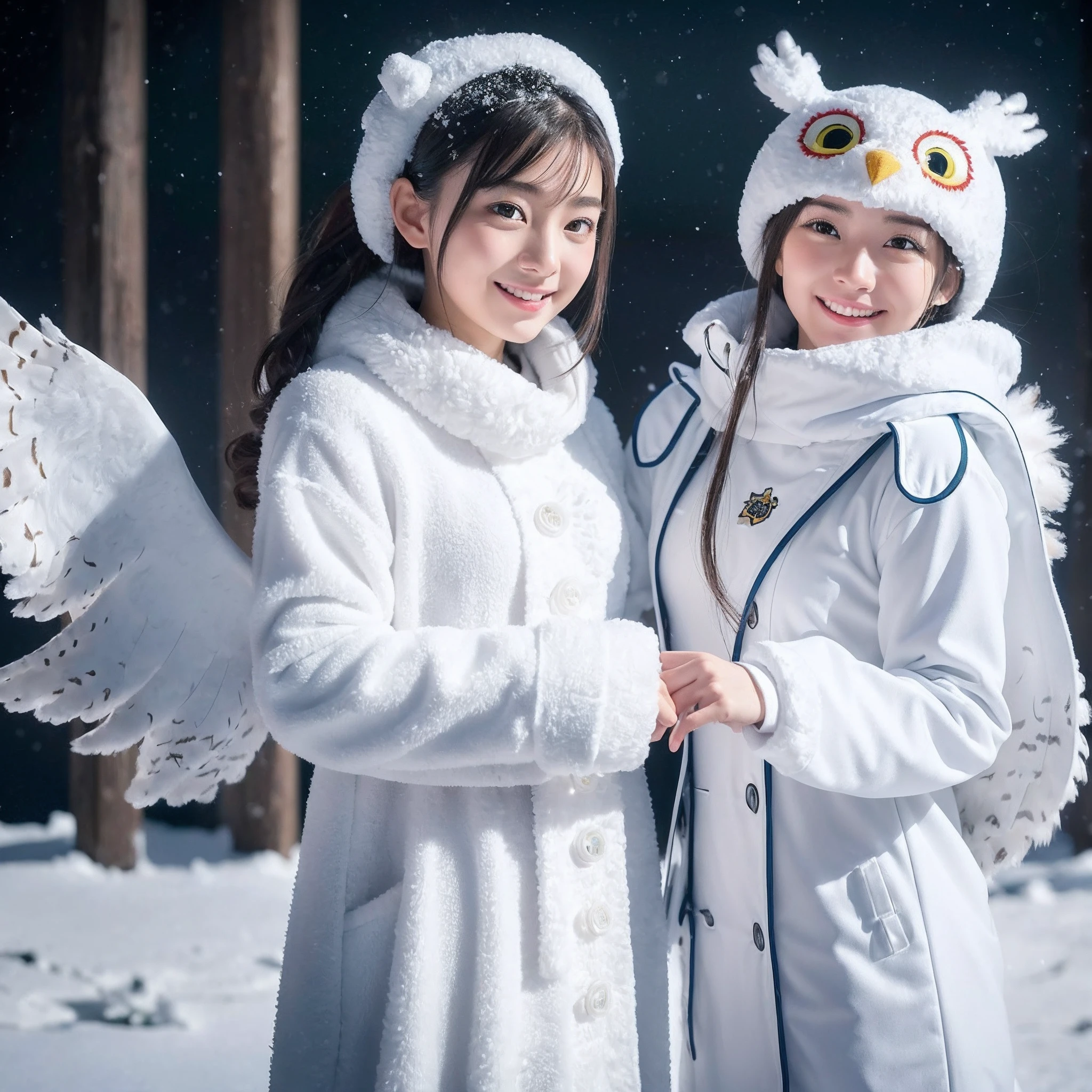 (8K、RAW Photos、top-quality、​masterpiece:1.5)、(realisitic、Photorealsitic:1.5)、ultra-detailliert、超A high resolution、lighting like a movie、(((Idols who love snowy owls)))、(((Japan 16 year old girls)))、(((Wearing a cute costume with a snowy owl motif)))、(A lot of snowy owls:1.5)、cute smile face、Happy and energetic atmosphere、dynamic ungle、动态照明