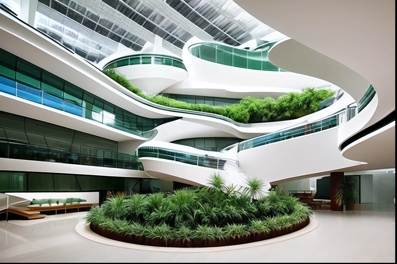 Arrogant-looking lobby with a curved staircase and a curved table, futuristic government chambers, Zaha Hadid style architecture with many trees, In the style of Zaha Hadid Sustainable Architect, Zaha Hadid Architecture bioconstruction Direction: biophysical design, biophysical architecture, inspirado em Zha Shibiao, dentro de um grande, Building Zaha Hadid, inspirado na natureza com muitas plantas e riachos