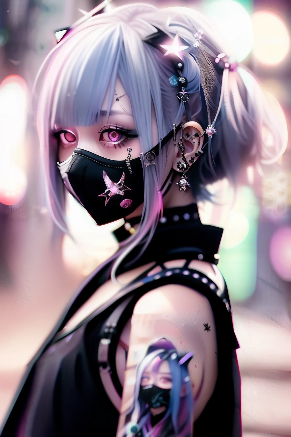 Pink hair、goth_punk, 1girl in, 独奏, medium shot, Walking in Harajuku, ((during night)), bokeh dof, neon light, iridescent eyes, starrysky, White sparkling hair, White eyebrows, Radiant hair, (iridescent white hair), 耳Nipple Ring, bangss, jewely, masks, bluntbangs, verd s eyes, Mouth mask, blurry backround, bblurry, hair adornments, Look at viewers, shorth hair, portraitures, side locks