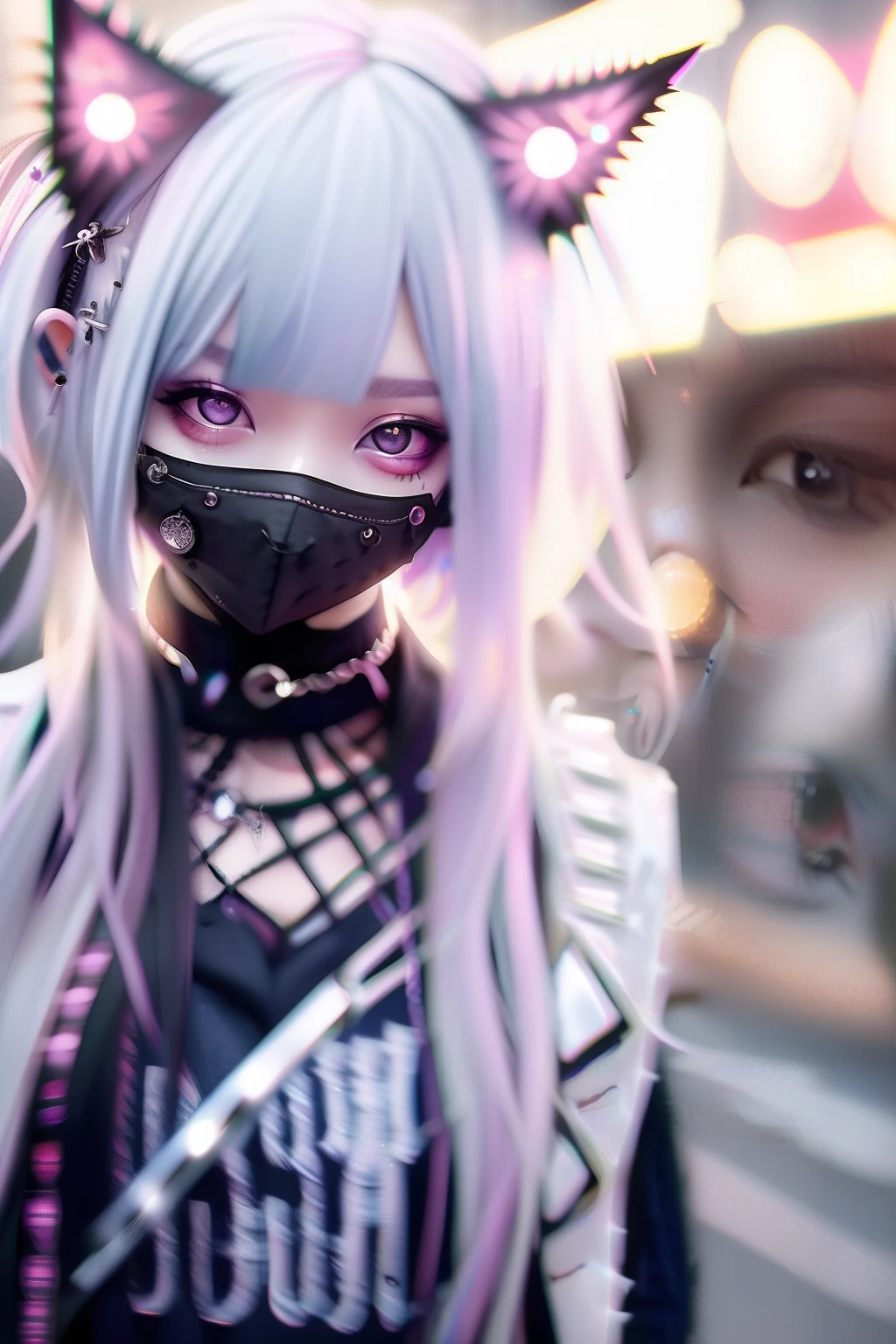 Pink hair、goth_punk, 1girl in, 独奏, medium shot, Walking in Harajuku, ((during night)), bokeh dof, neon light, iridescent eyes, starrysky, White sparkling hair, White eyebrows, Radiant hair, (iridescent white hair), 耳Nipple Ring, bangss, jewely, masks, bluntbangs, verd s eyes, Mouth mask, blurry backround, bblurry, hair adornments, Look at viewers, shorth hair, portraitures, side locks