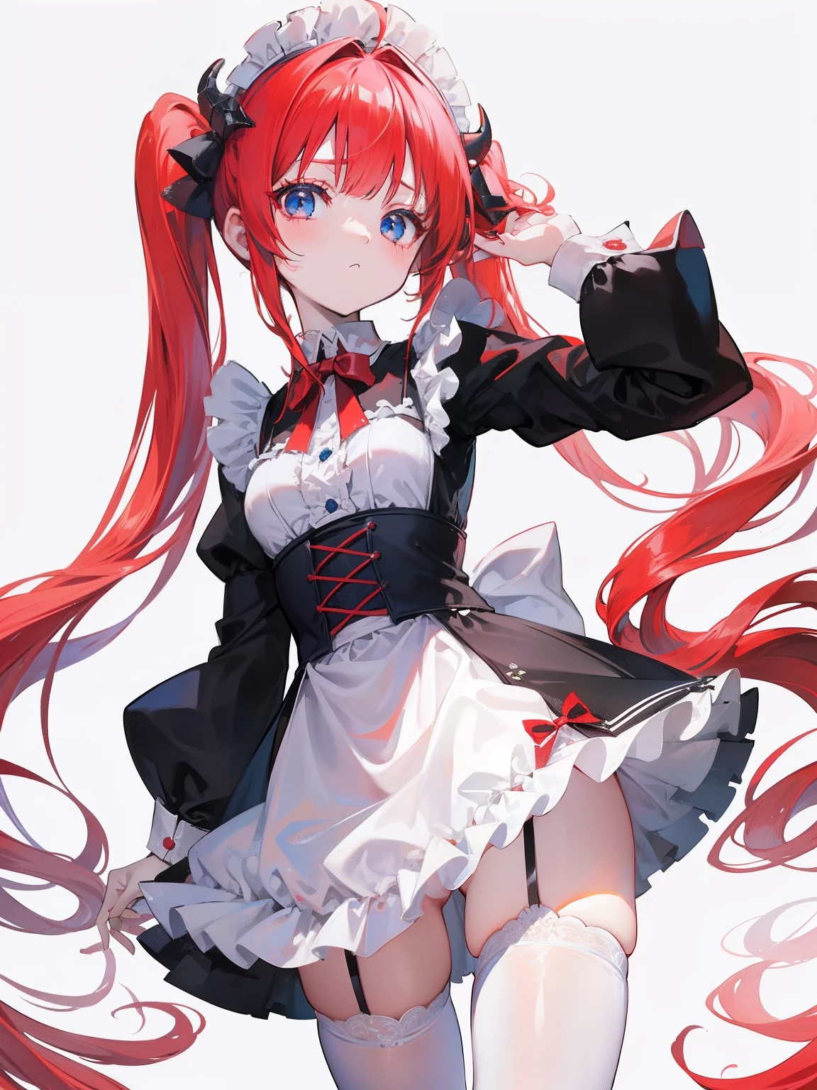 red hair,blue eyes,twintails,maid, long hair, long sleeves, gothic, solo, loli,Short skirt, white stockings,{{best quality}}, {{masterpiece}}, {{ultra-detailed}}, {illustration}, {detailed light}, {an extremely delicate and beautiful}, girl,cute,dragon horns