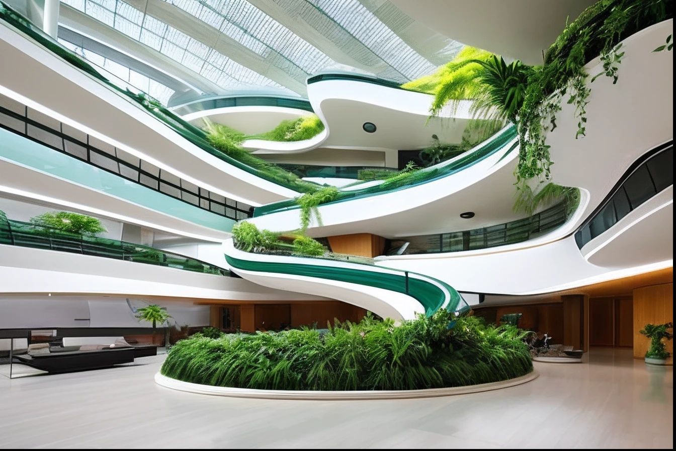 Arrogant-looking lobby with a curved staircase and a curved table, futuristic government chambers, Zaha Hadid style architecture with many trees, In the style of Zaha Hadid Sustainable Architect, Zaha Hadid Architecture bioconstruction Direction: biophysical design, biophysical architecture, inspirado em Zha Shibiao, dentro de um grande, Building Zaha Hadid, inspirado na natureza com muitas plantas e riachos