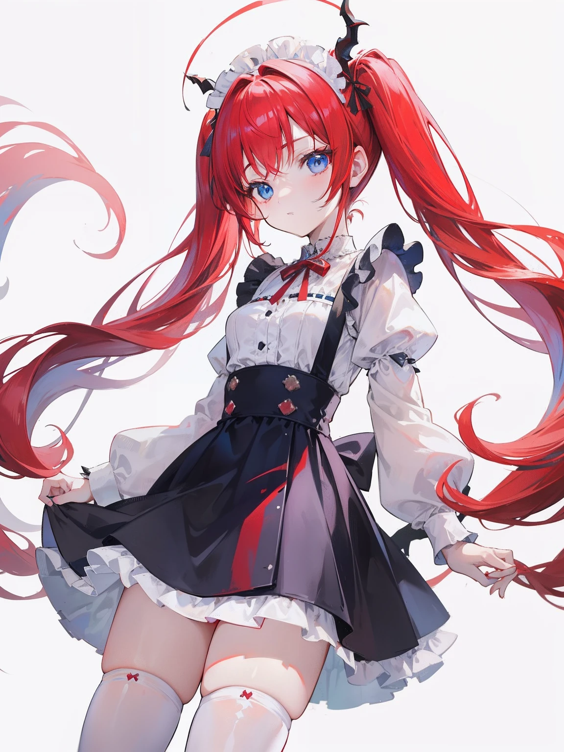 red hair,blue eyes,twintails,maid, long hair, long sleeves, gothic, solo, loli,Short skirt, white stockings,{{best quality}}, {{masterpiece}}, {{ultra-detailed}}, {illustration}, {detailed light}, {an extremely delicate and beautiful}, girl,cute,dragon horns
