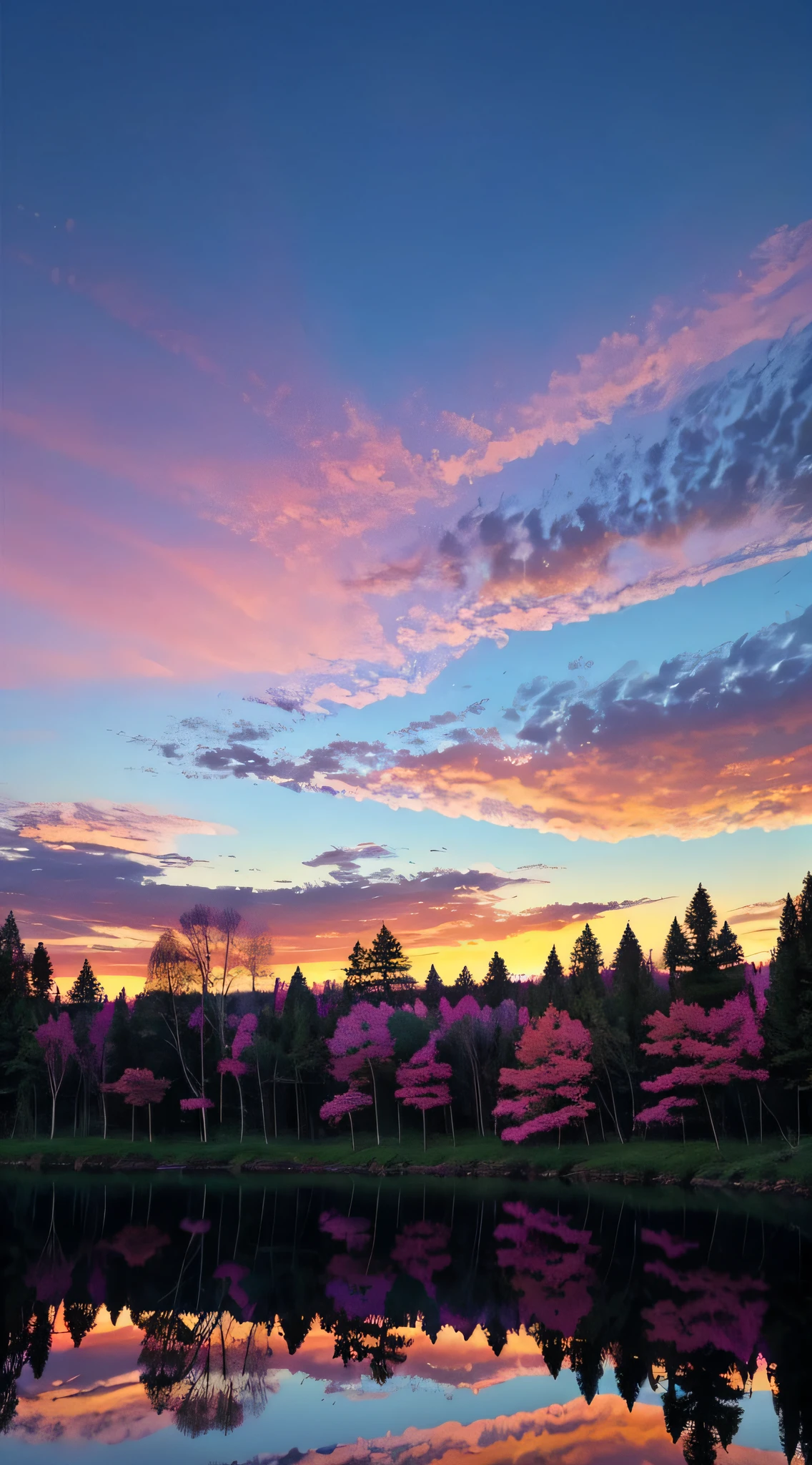 there is a beautiful sunset with a lake and trees in the background, colorful skies, surreal colors, colorful sunset, colorful sky, marvellous reflection of the sky, stunning sky, dream like atmosphere 8k, colorful clouds, colors reflecting on lake, surreal sky, red and blue reflections, fire reflection, beautiful sky, beautiful and spectacular dusk, beautiful dreamy landscape, amazing sky