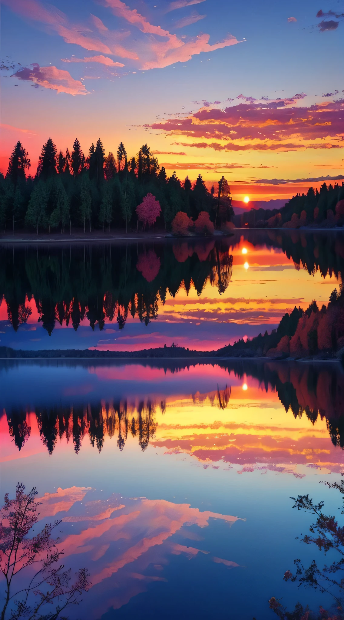 there is a beautiful sunset with a lake and trees in the background, colorful skies, surreal colors, colorful sunset, colorful sky, marvellous reflection of the sky, stunning sky, dream like atmosphere 8k, colorful clouds, colors reflecting on lake, surreal sky, red and blue reflections, fire reflection, beautiful sky, beautiful and spectacular dusk, beautiful dreamy landscape, amazing sky