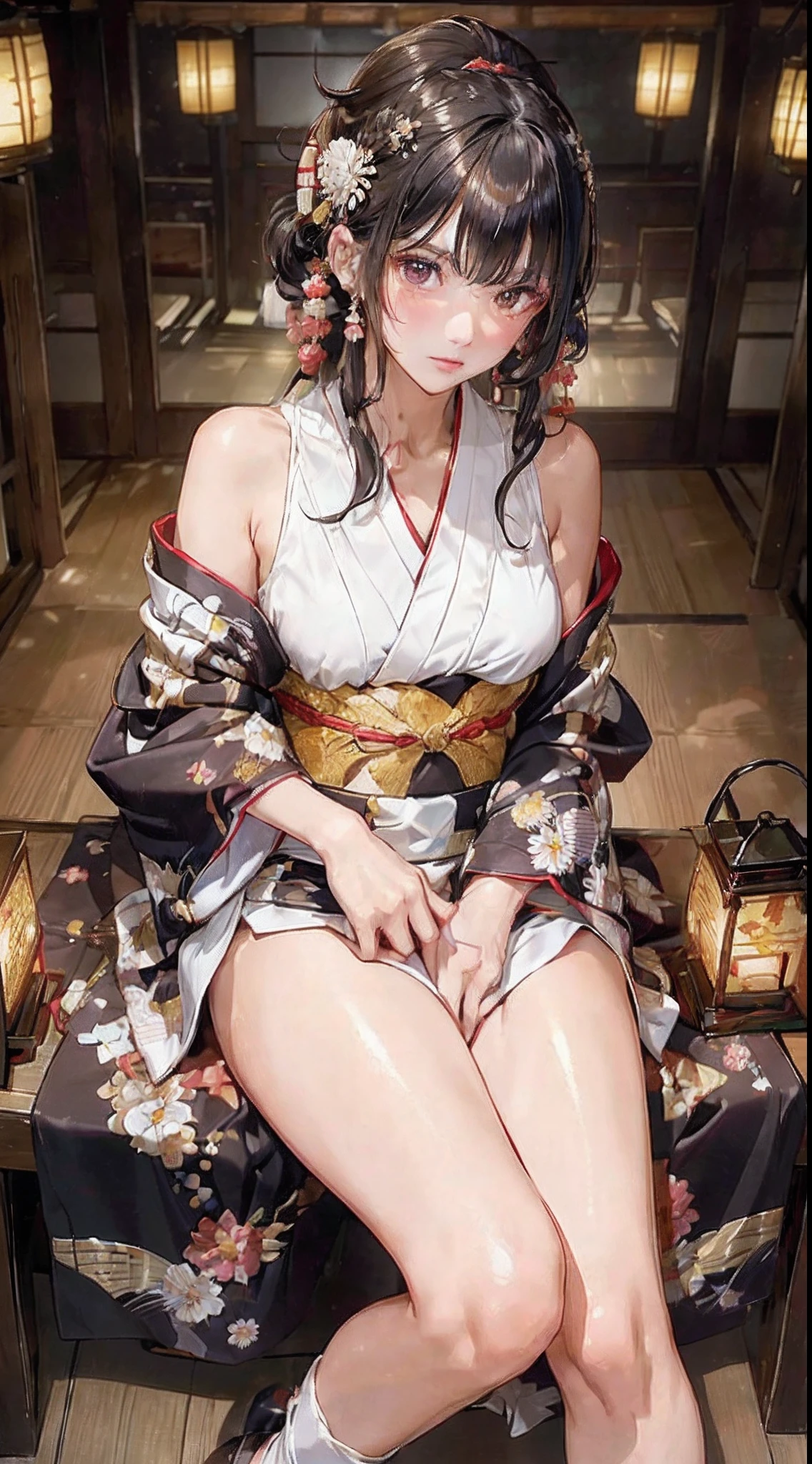 young asian girl, long dark hair, yellow eyes, medium breasts, fair kimono, without underwear, orgasm, cum, Tetsuya Nomura, photorealistic, high quality, cum on breasts, spread pussy, {{{dildo in pussy}}}, onsen, sitting in water