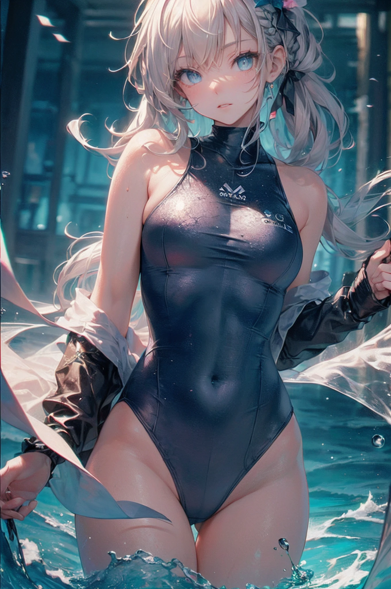 (realistic:1.2), (masterpiece, best quality, ultra-detailed), (beautiful detailed face, beautiful detailed eyes, volumetric lighting),1girl, solo, (dutch angle:1.3), (colourful hair, blue eyes:1.4), small breasts, twin_tails, (Aquamarine One-Piece Swimsuit, :1.2), monocle,mksks style, (beautiful detailed hill, noon:1.2), (light particles, lens flare, chromatic aberration:1.3), no glasses, thicc_thighs, long legs,