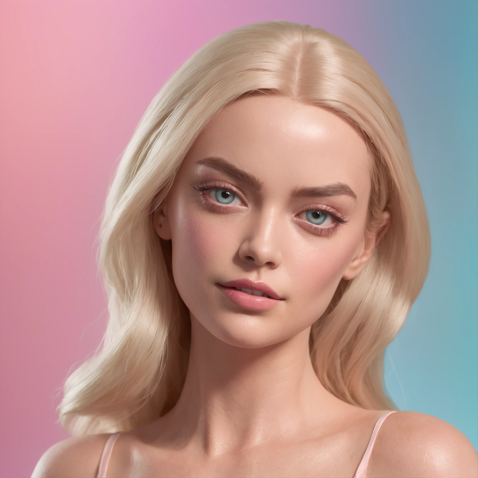 Portraiture of actress Margot Robbie depicting her as a lifelike representation of Barbie doll in highly detailed, hyperrealistic style with focus on expressive features and meticulously rendered clothing/accessory elements; set against backdrop showcasing futuristically sleek yet organic environment infused with pastel colors and fluid forms suggestive of 'Barbietopia'; utilize advanced rendering techniques and filmic lighting/shading to evoke cinematic atmosphere and sense of wonder; (Ultrahuman), (futurepop), (posthuman), (neofutral), (seamless)