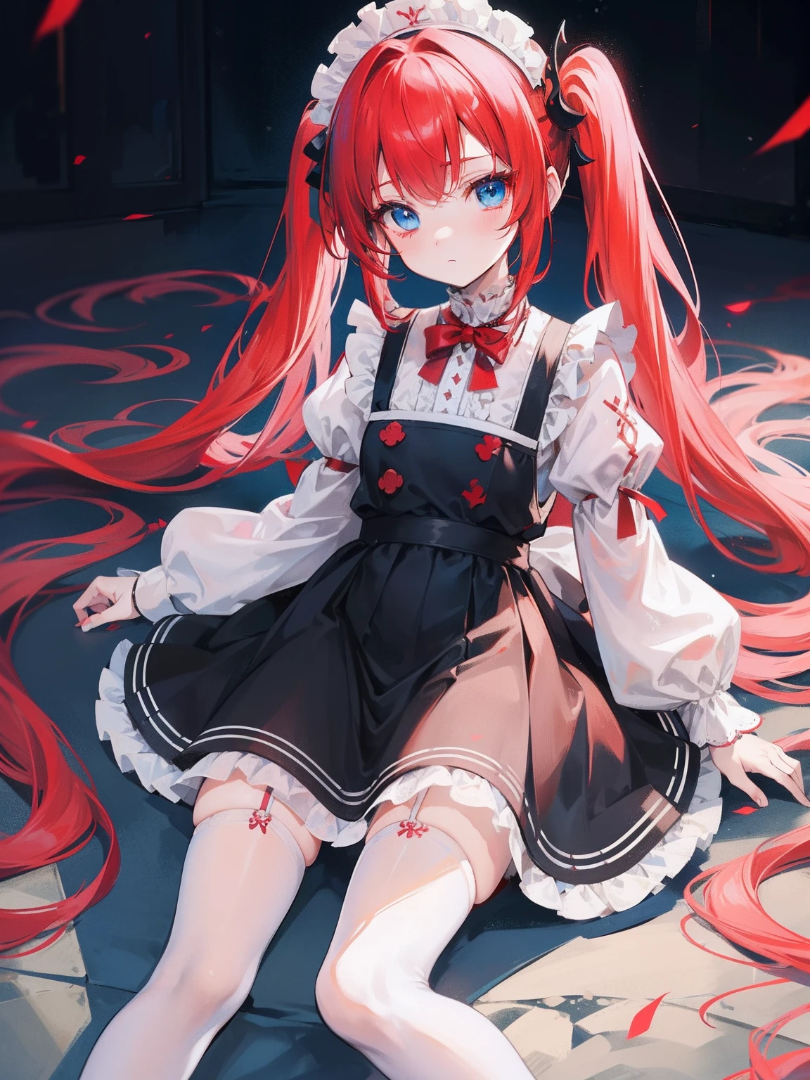 red hair,blue eyes,twintails,maid, long hair, long sleeves, gothic, solo, loli,Short skirt, white stockings,{{best quality}}, {{masterpiece}}, {{ultra-detailed}}, {illustration}, {detailed light}, {an extremely delicate and beautiful},little girl,cute,dragon horns