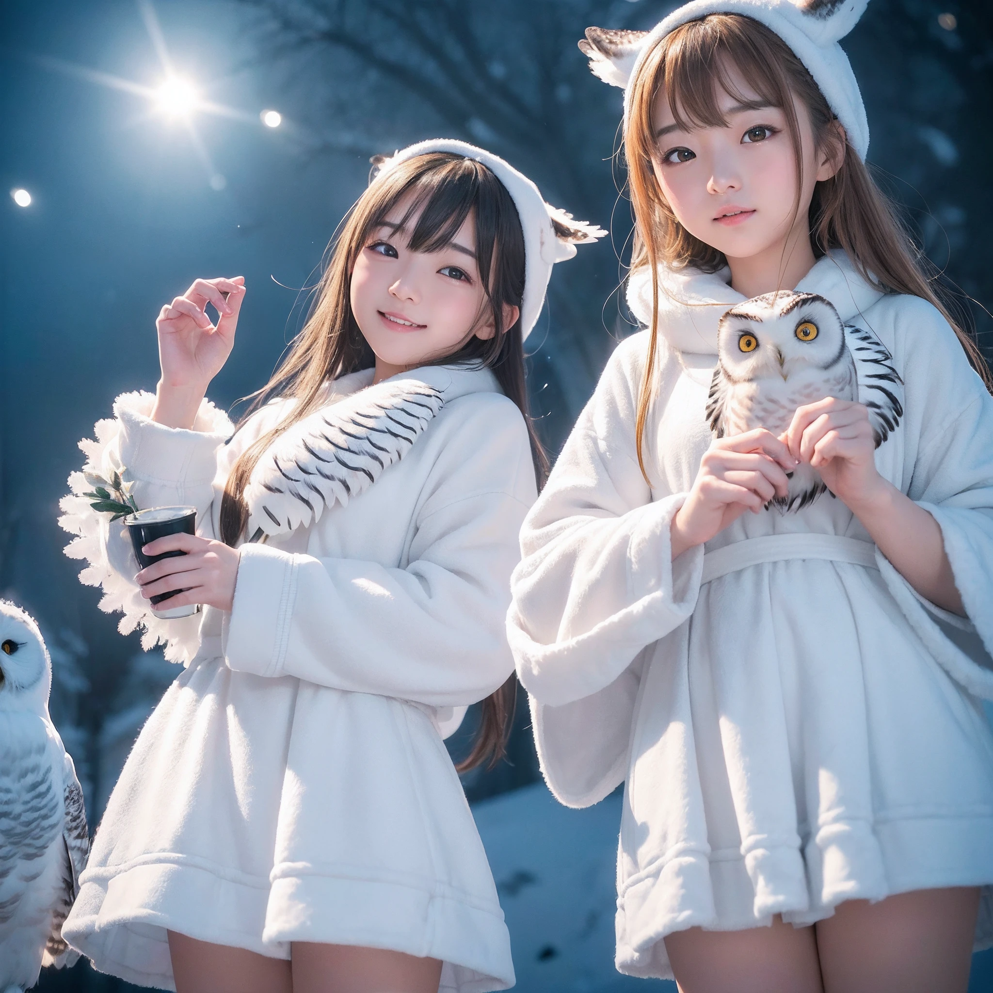 (8K、RAW Photos、top-quality、masterpiece:1.5)、(realisitic、Photorealsitic:1.5)、ultra-detailliert、超A high resolution、lighting like a movie、(((Idols who love snowy owls)))、(((Japan 16 year old girls)))、(((Wearing a cute costume with a snowy owl motif)))、(A lot of snowy owls:1.5)、cute smile face、Happy and energetic atmosphere、dynamic ungle、动态照明