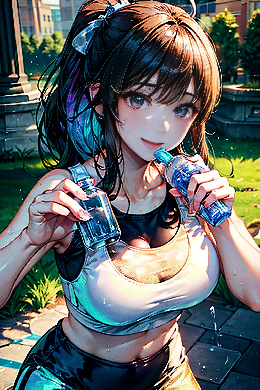 Girl running in the park,(((Drink bottled water))),Big balls of sweat,(Expressed with a glossy iridescent metallic luster、Bright sports bra and leggings.:1.3).Glossy light brown and orange striped shorthair,disheveled ponytail,Swaying breasts、Lovely woman,Perfect round face,A cheerful smile that makes the viewer happy,Proper body proportion,masutepiece,Super high-quality output images,hight resolution,Intricate details,Very delicate and beautiful hair,photographrealistic,Dreamy,Professional Lighting,realistic shadow,Solo Focus,Beautiful hands,Beautiful fingers,Detailed finger features,detailed clothes features,Detailed hair features,detailed facial features,