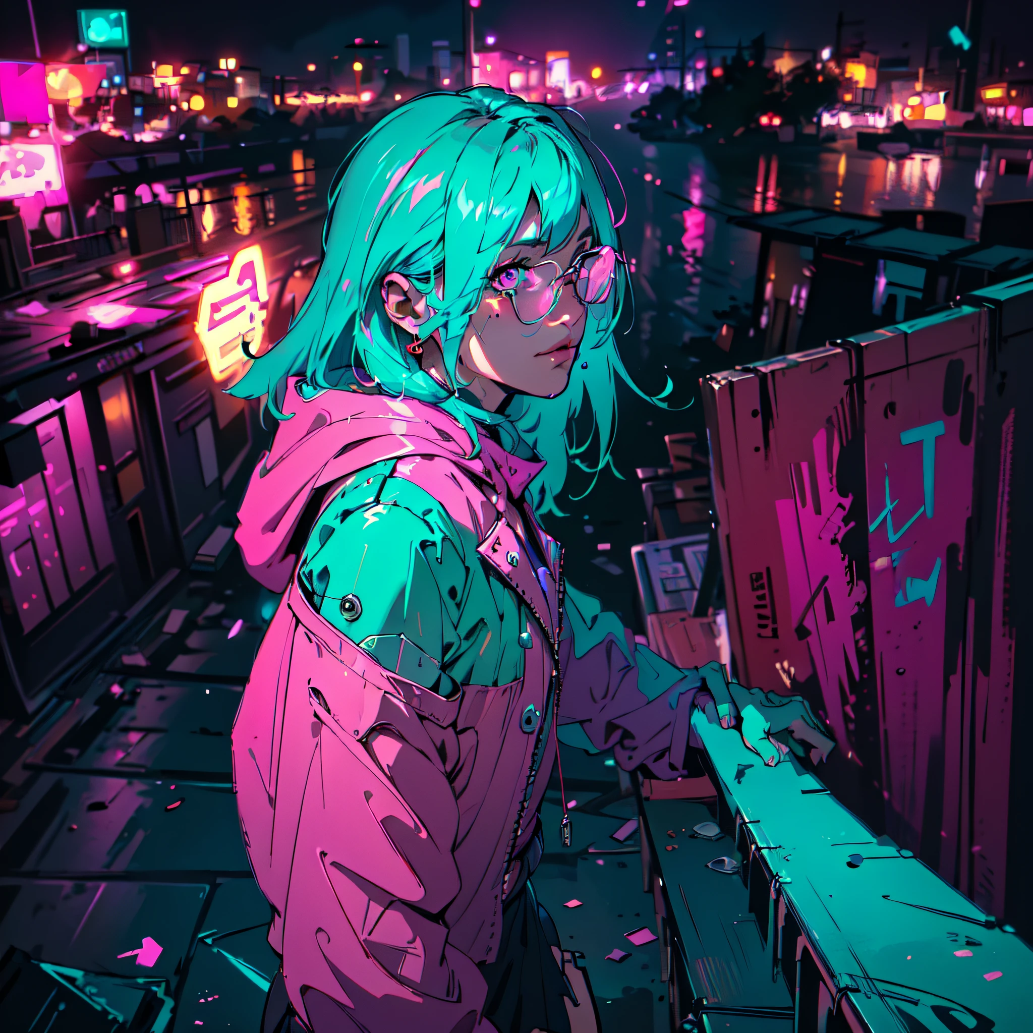 (masterpiece, best quality, dynamic pose:1.4), absurdres, cowboy shot, delicate girl, leaning on the railing, teen, 15yo, (pink and cyan theme, neon lights:1.2), (dark theme, dark background:1.4), perspective, depth of field, thighs, thin arms, thin waist, facelight, clear lighting, film grain, chromatic aberration, HDR, sharp focus, highres, photography, realistic, highest detailed, extreme detailed, ultra detailed, finely detail, detailed face, detailed eyes, sharp pupils, realistic pupils