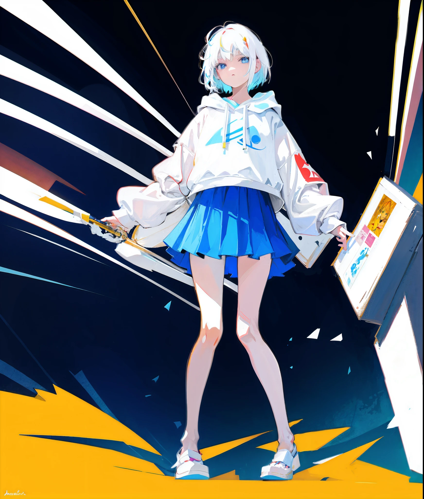 (Flat color:0.9),(Colorful:1.1),(Masterpiece:1,2), Best quality, Masterpiece, A high resolution, Original, extremelydetailedwallpaper, A Japanese girl，White hair，short detailed hair，Loose sweatshirt，short  skirt，Look sideways ahead，Long, thin legs，White grandpa shoes，leg loops，Blue-blue eyes，Lazy and lazy，Exquisite clothes, a proud expression，Slightly fat legs，Long straight legs，Step on the beach，starry sky