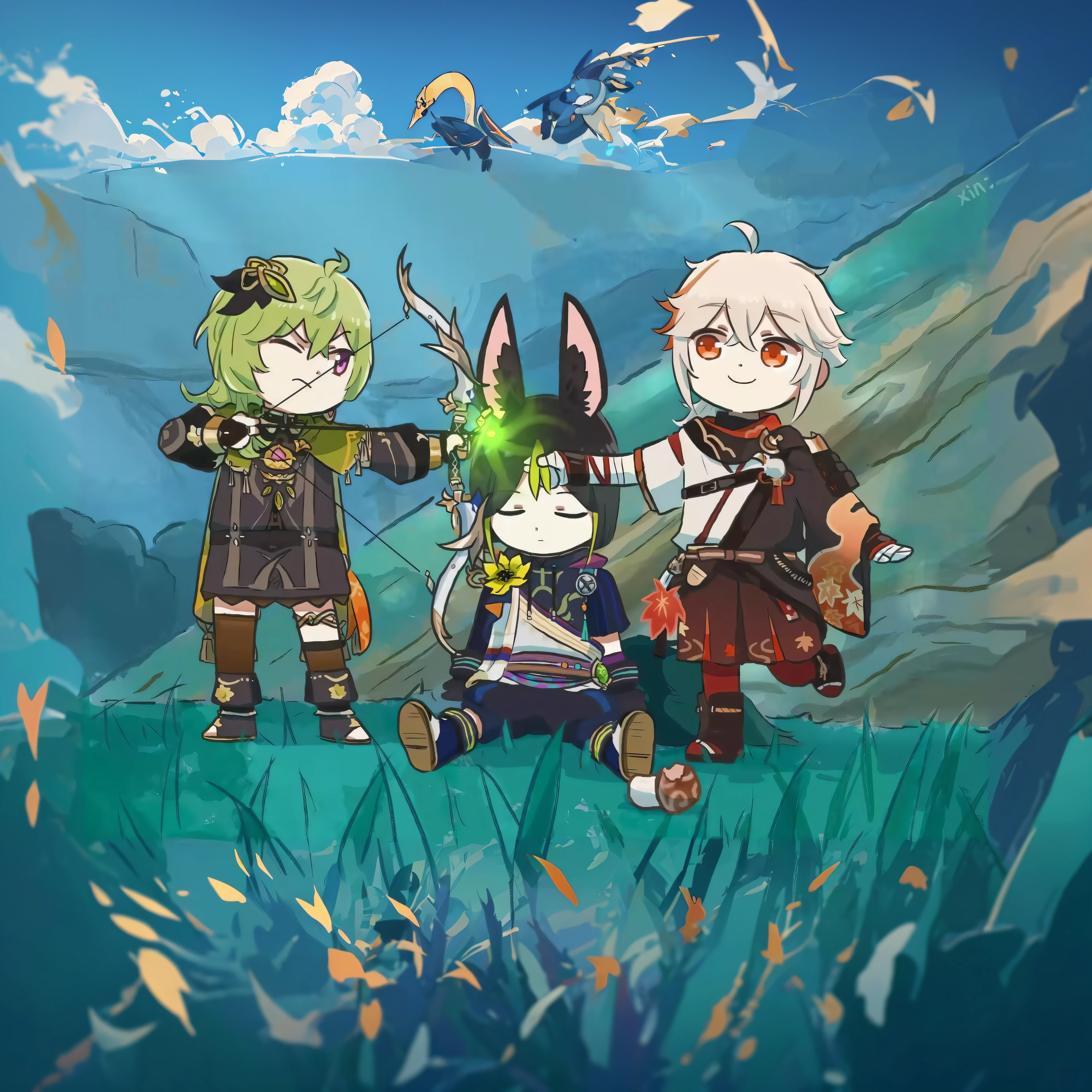 Anime characters in the field wearing costumes and weapons, Genshin, anime in fantasy style, character art of maple story, Genshin impact's character, video game genshin impact, Genshin Impact style, lalafell, coriolios rpg art style, final fantasy 14 style, cute cyber gods, Genshin Impact, style of maple story, MapleStory