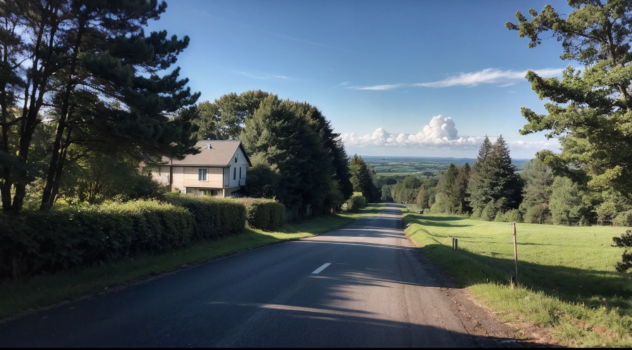 Natural landscape in late summer evening、Residential area、country road、near forest、very real、photo-like、, surrealism, masutepiece, Best Quality, hight resolution, 8K