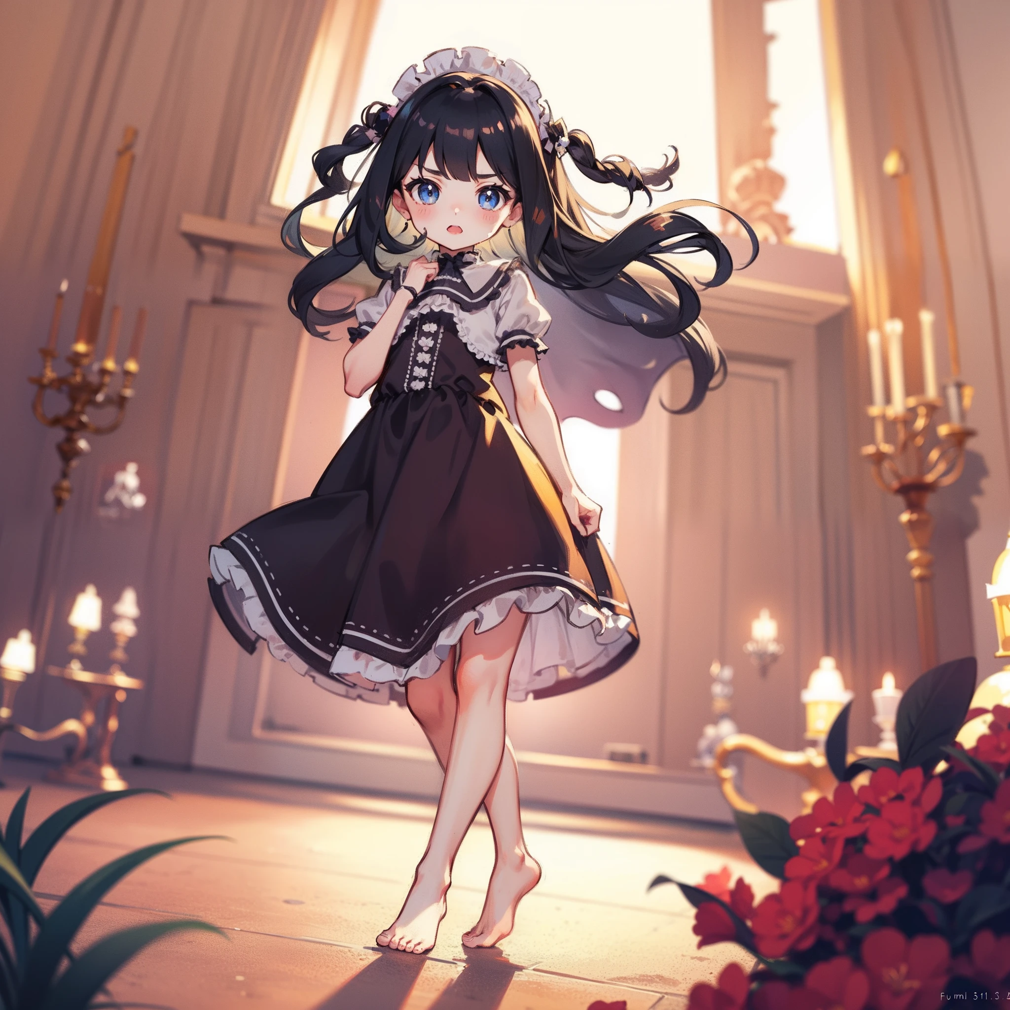 very cute female child:1.1,10 yo,action:1.6,Gothic Lolita cloth:1.8,BREAK dutch angle shot,dynamic angle:1.6,ground-level shot,low angle,full body shot,medium shot,BREAK Barefoot,livingroom:1.5,Summer,day, Long hair,flat chest,Wind,Drooping sweat:1.1,BREAK (4K), (Raw photo: 1.2), (Realism: 1.4), (masutepiece: 1.3), (exquisite detailing: 1.2), Delicate and beautiful details, (Eye Detail), (Facial Detailed), (Highest Quality) :1.4), (Hyper-Resolution: 1.2),(very detailed illustration), Best Quality,depth of fields, Wide light, natural shadows