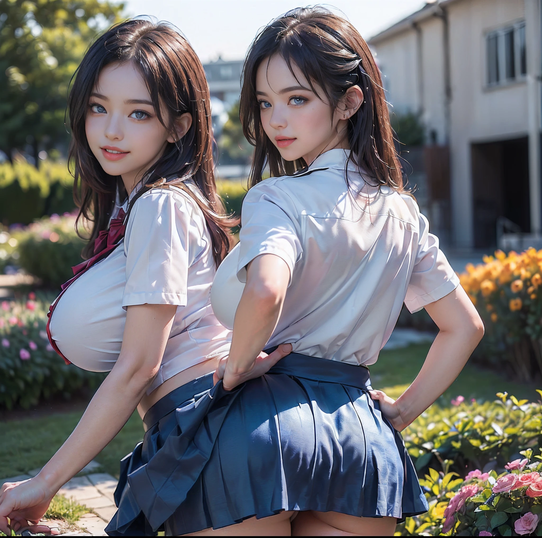 (top-quality)、 (masterpiece)、(profetional lighting)、 (Bewitching)、 (A hyper-realistic:2.0)、(Stylish), (intricate detailes)、 (Perfect anatomical depiction of the human body:1.2)、(Girl standing proudly in front of camera with chest turned、Another girl on the other side is pointing her ass at the camera:1.5), ( Huge breasts :1.6), (Bright whitening skin:1.5), (Beautiful bright blue eyes with dazzling squinting long eyelashes and red tear bags:1.5)、(shiny little lips:1.5)、 (Brunette's half-up hair shines in the backlight), (Wearing a micro mini skirt on a schoolgirl uniform:1.8)、(Girls' high school uniforms are very cramped due to large breasts, however、The upper body hides the skin without gaps.、Eta、It is a design that beautifully complements the big buttocks..:1.8), (This is a photo taken with squinted eyes and a cute smile..:1.5), (Showing off her proud high school girl uniform from the front.:2.1), (The other girl on the other side turned away、Showing off your proud super big ass from directly behind, Bend your hips to expose her ass:1.7), (the face is chubby:1.5), (A detailed face), (Perfect hands, Correct number of arms, Correct number of fingers, nice hand, Anatomically correct hand), (Shot in a garden full of flowers:1.6), irene1, shirt