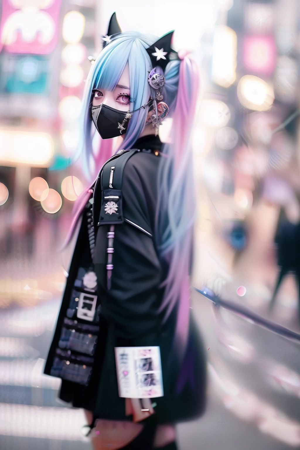 Pink hair、blue hairs、Colorful hair color、goth_punk, 1girl in, 独奏, medium shot, Walking in Harajuku, ((during night)), bokeh dof, Neon light, Iridescent eyes, starrysky, White shiny hair, White eyebrows, Radiant hair, (iridescent white hair), 耳Nipple Ring, bangss, jewely, masks, bluntbangs, verd s eyes, Mouth mask, blurry backround, bblurry, hair adornments, Look at viewers, shorth hair, portraitures, side locks