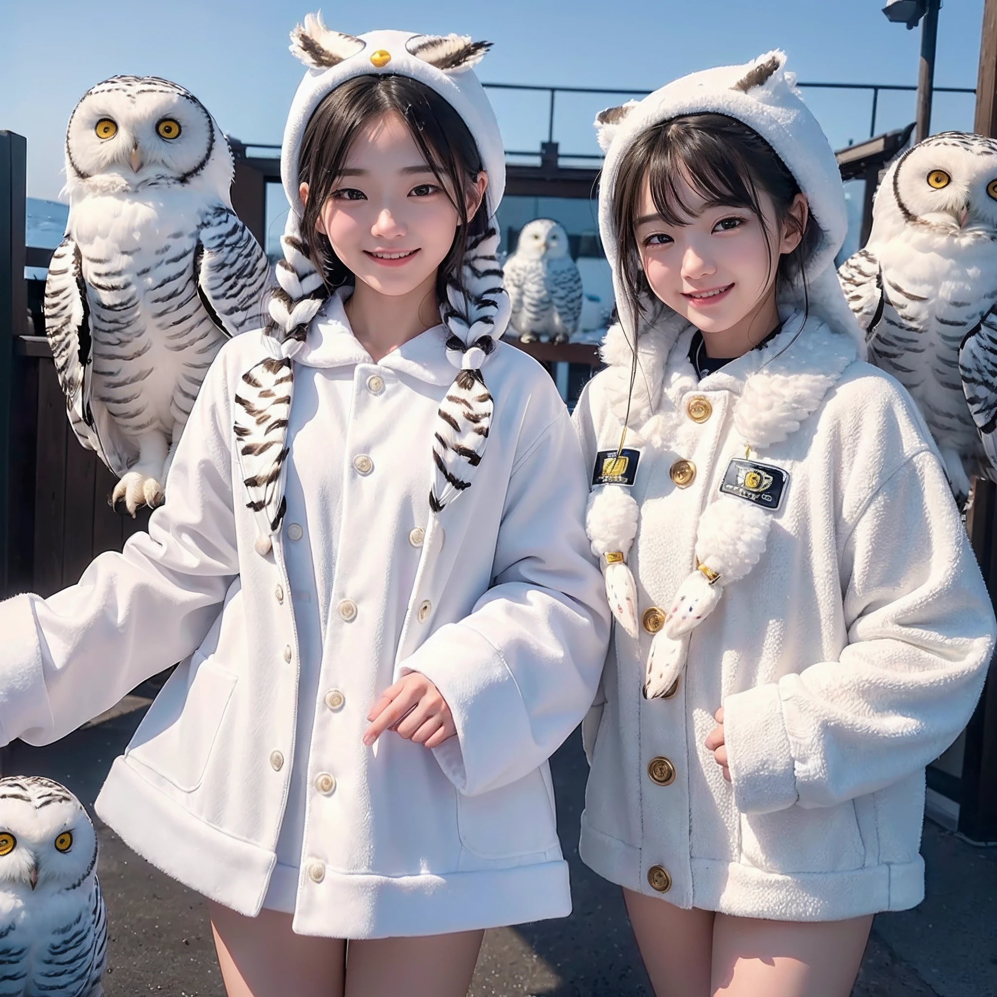 (8K、RAW Photos、top-quality、​masterpiece:1.5)、(realisitic、Photorealsitic:1.5)、ultra-detailliert、超A high resolution、lighting like a movie、(((Idols who love snowy owls)))、(((Japan 16 year old girls)))、(((Wearing a cute costume with a snowy owl motif)))、(A lot of snowy owls:1.5)、cute smile face、Happy and energetic atmosphere、dynamic ungle、动态照明