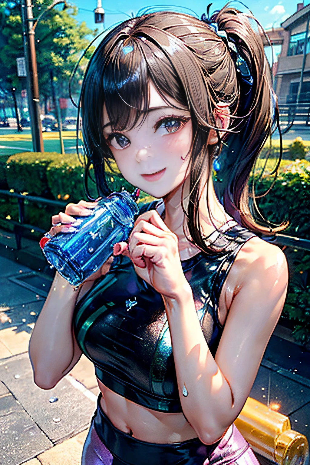 Girl running in the park,(((Drink bottled water))),Big balls of sweat,(Expressed with a glossy iridescent metallic luster、Bright sports bra and leggings.:1.3).Glossy light brown and orange striped shorthair,disheveled ponytail,Swaying breasts、Lovely woman,Perfect round face,A cheerful smile that makes the viewer happy,Proper body proportion,masutepiece,Super high-quality output images,hight resolution,Intricate details,Very delicate and beautiful hair,photographrealistic,Dreamy,Professional Lighting,realistic shadow,Solo Focus,Beautiful hands,Beautiful fingers,Detailed finger features,detailed clothes features,Detailed hair features,detailed facial features,