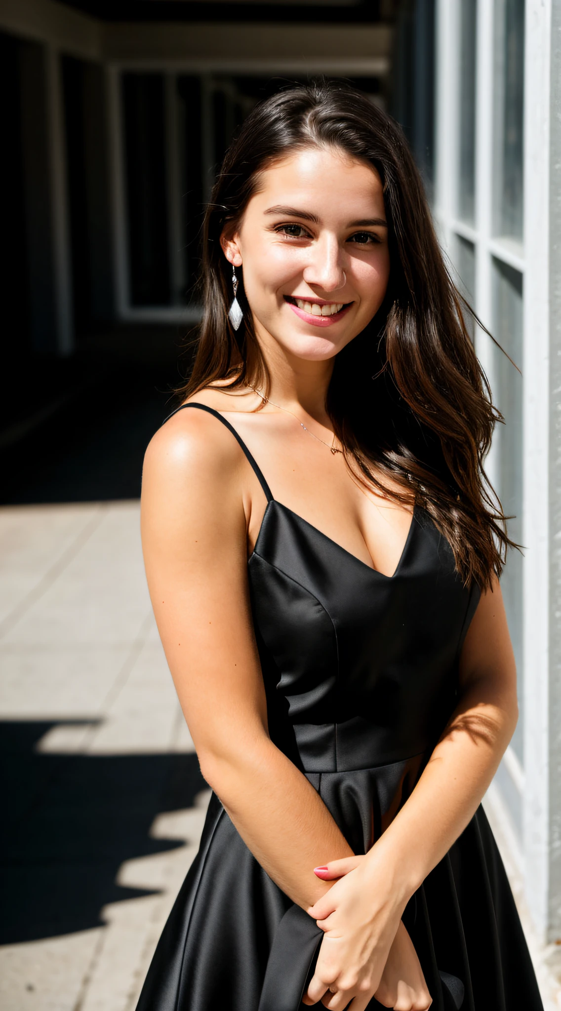 RAW photo, face portrait photo of beautiful 26 y.o white woman, cute face, wearing black dress, happy face, hard shadows, cinematic shot, dramatic lighting