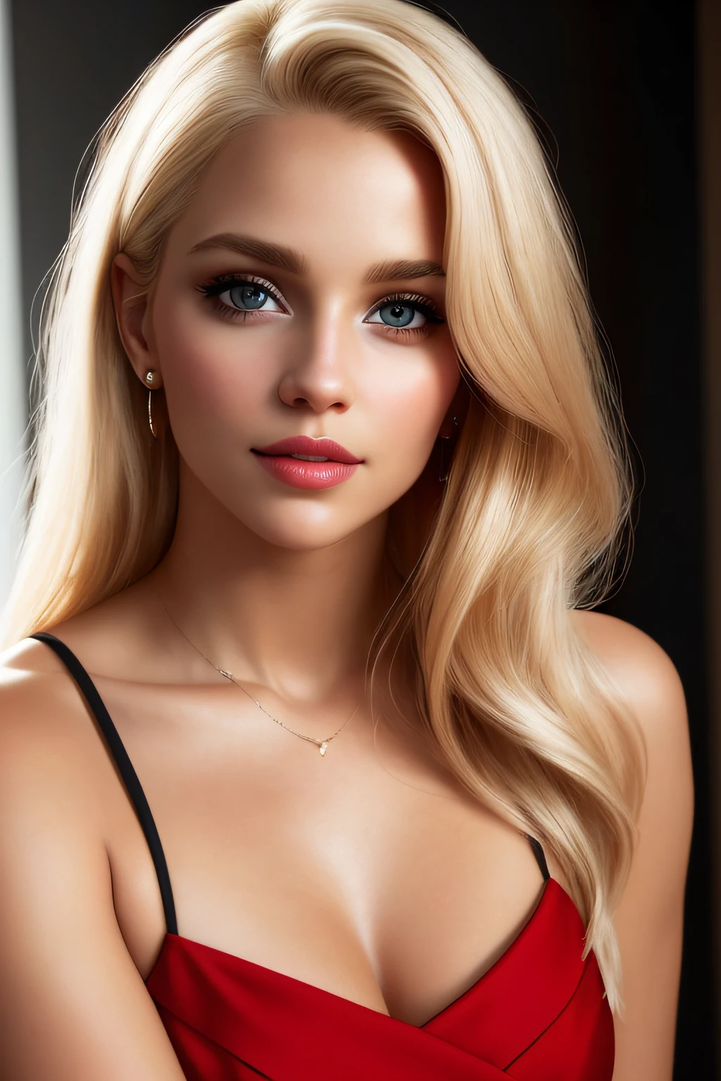Aesthetic artwork, a woman, blonde hair, black eyes, straight hair, flushed cheeks, full lips, mischievous gaze, light brown skin, short red dress, sexy build,